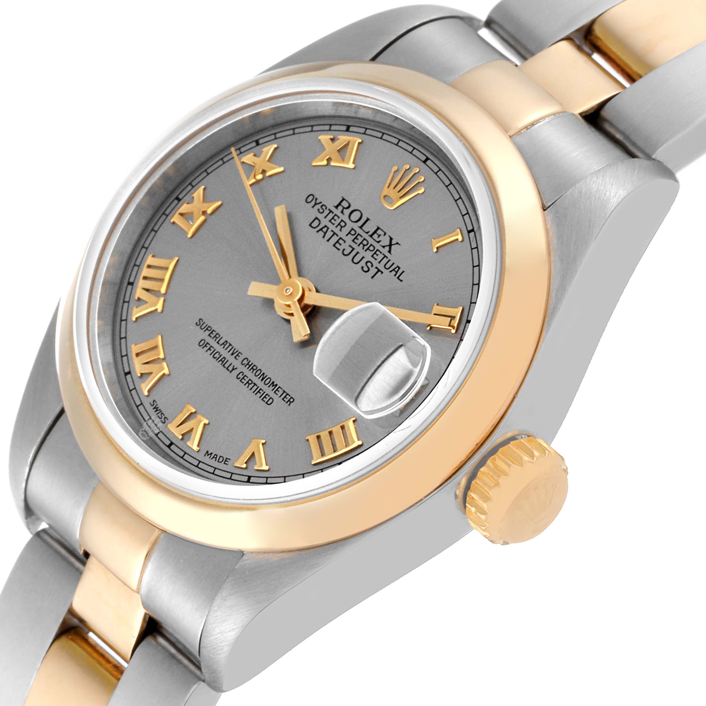 This image shows a close-up, angled view of a Rolex Datejust 69163 Women's Steel and Gold (two tone) Grey Dial 69163 Women's Steel and Gold (two tone) Grey Dial watch, highlighting the dial, bezel, crown, and part of the bracelet.