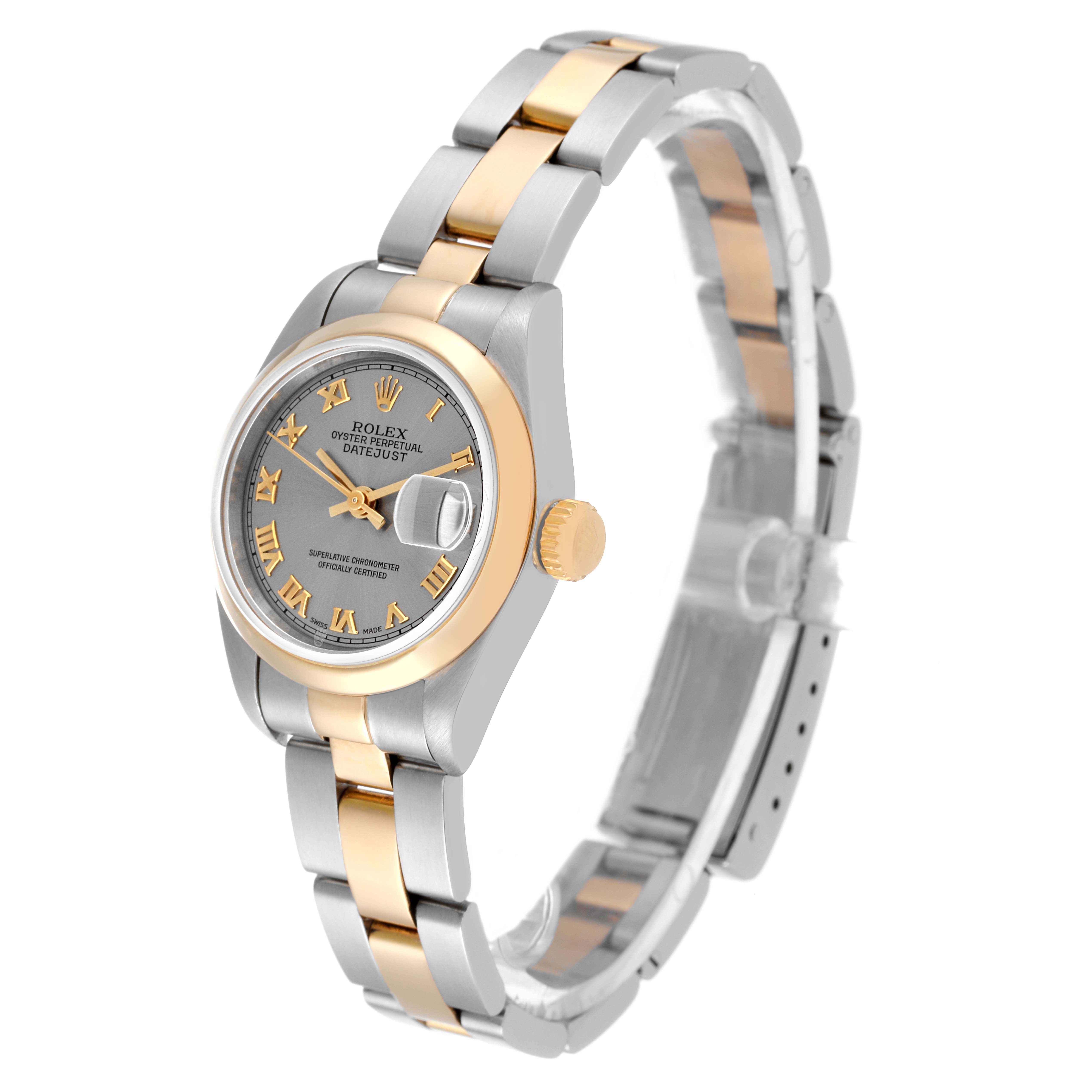 This Rolex Datejust 69163 Women's Steel and Gold (two tone) Grey Dial 69163 Women's Steel and Gold (two tone) Grey Dial watch is shown at a slight side angle, displaying the face, bezel, crown, and bracelet.