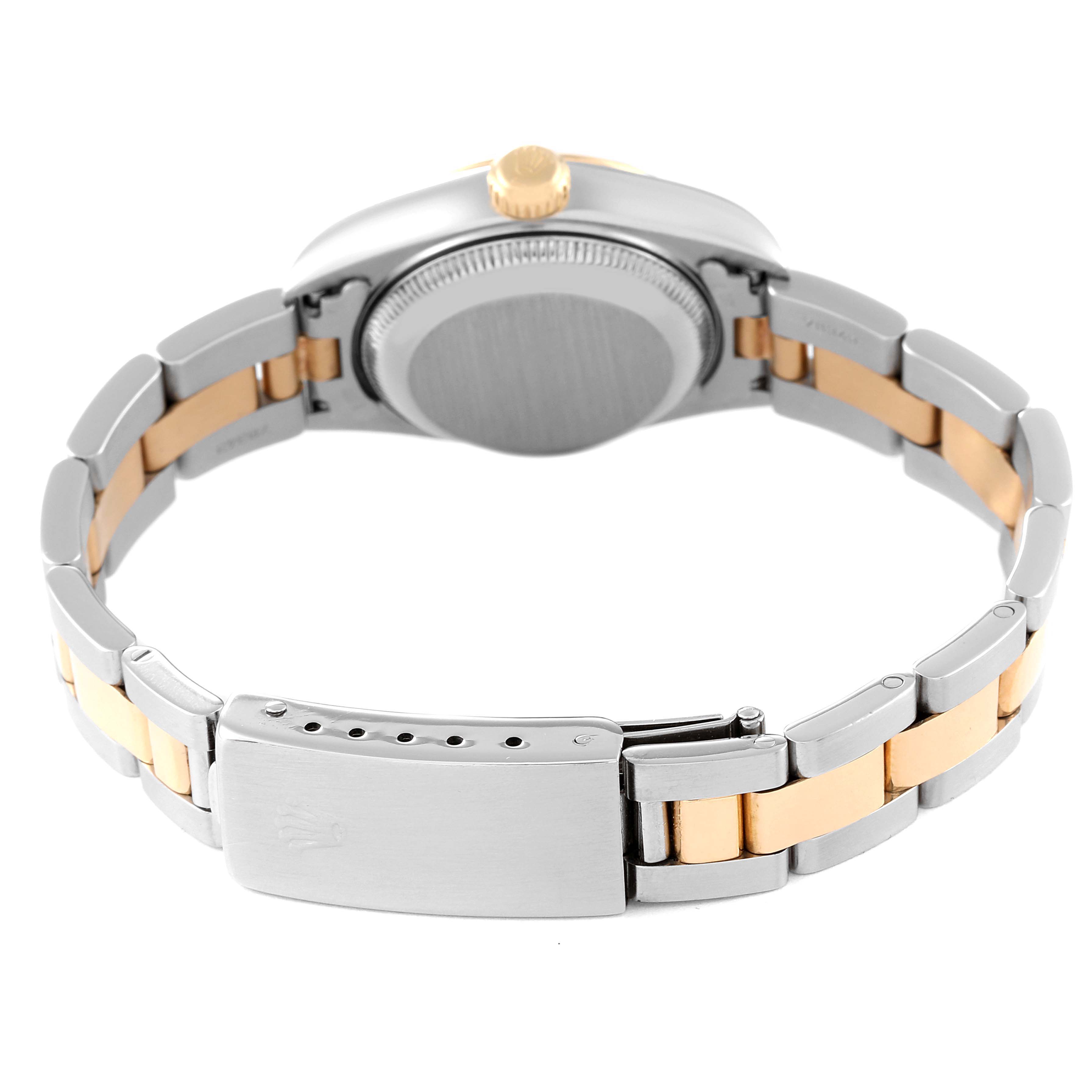 The image shows the back and clasp of a Rolex Datejust 69163 Women's Steel and Gold (two tone) Grey Dial 69163 Women's Steel and Gold (two tone) Grey Dial watch, highlighting the two-tone bracelet and case back.