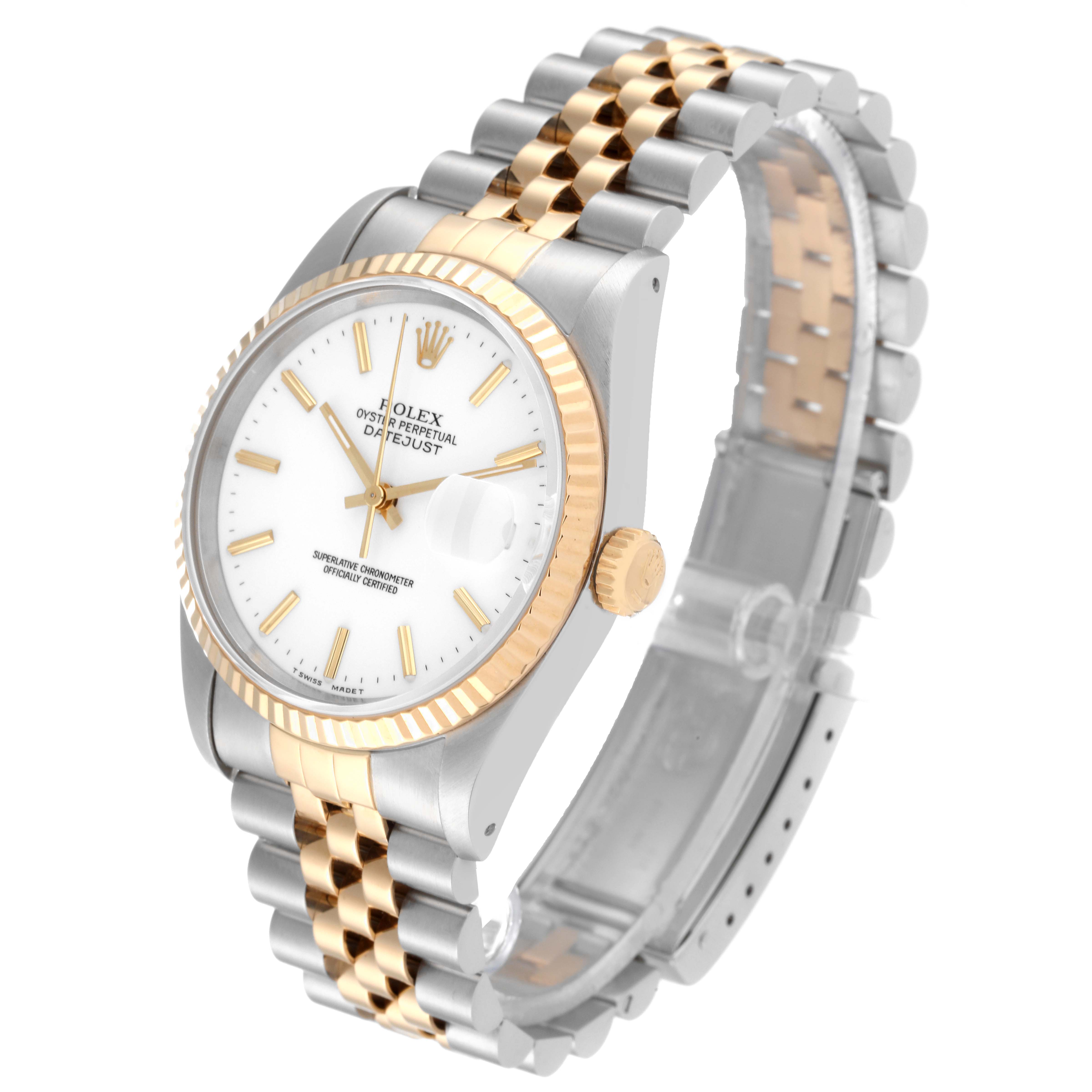 The image shows a Rolex Datejust 16233 Men's Steel and Gold (two tone) White Dial 16233 Men's Steel and Gold (two tone) White Dial watch at a slight angle, highlighting the bracelet, dial, case, and fluted bezel.
