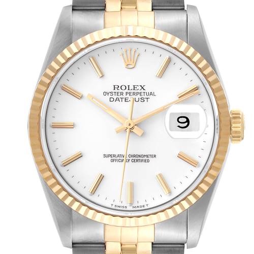 Photo of Rolex Datejust Steel Yellow Gold White Dial Mens Watch 16233