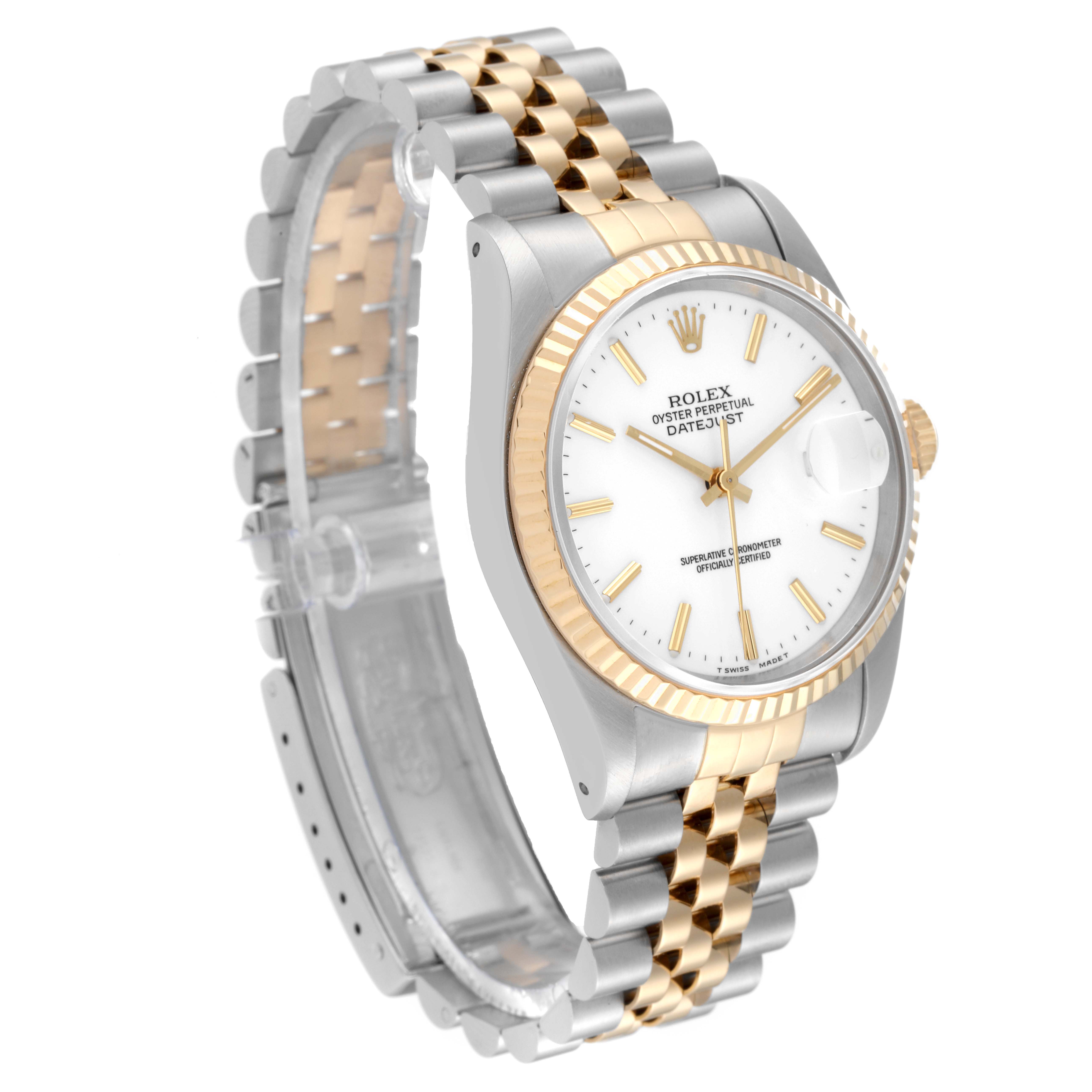 The image shows a Rolex Datejust 16233 Men's Steel and Gold (two tone) White Dial 16233 Men's Steel and Gold (two tone) White Dial watch at an oblique angle, highlighting its face, bezel, and two-tone bracelet.