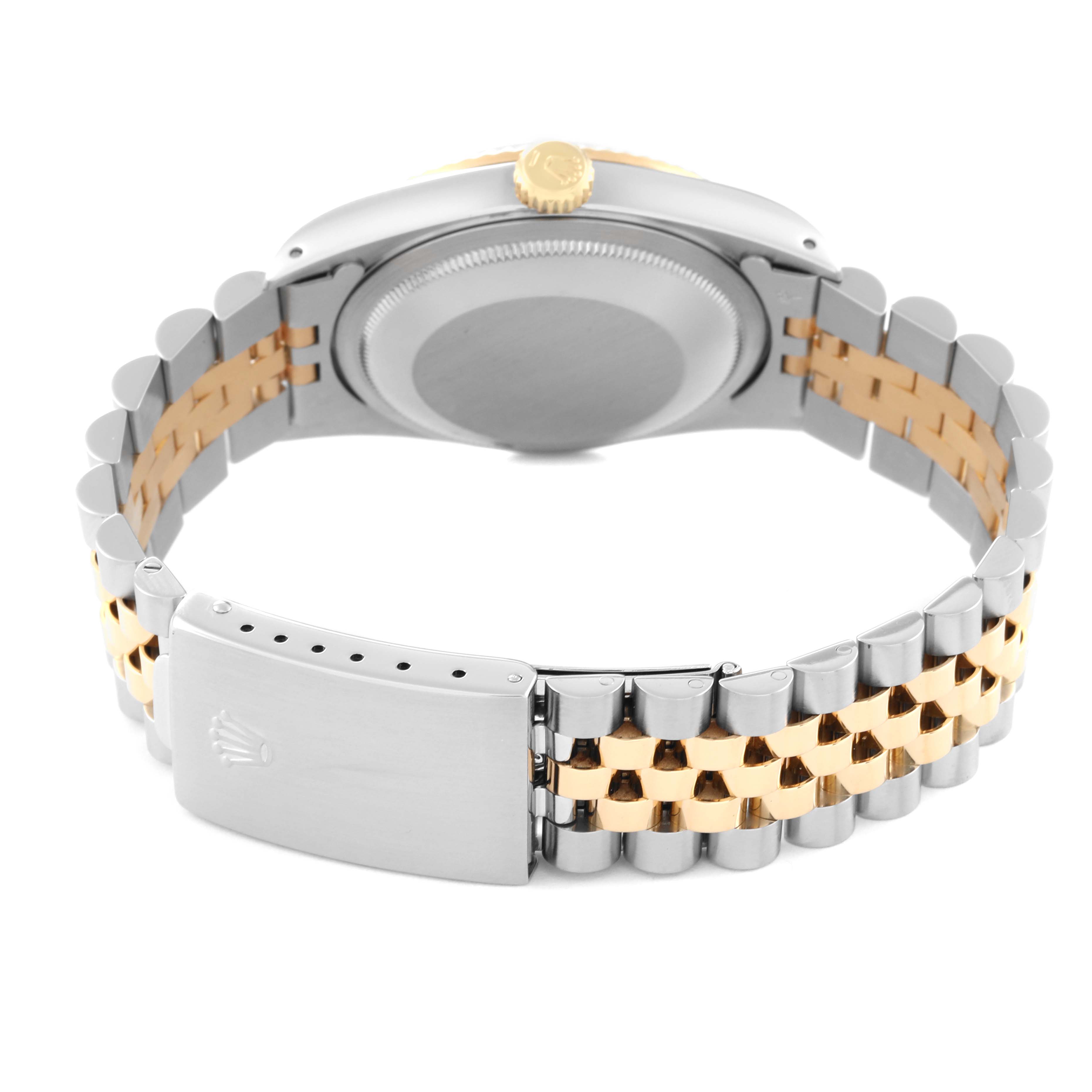 The image shows the back view of the Rolex Datejust 16233 Men's Steel and Gold (two tone) White Dial 16233 Men's Steel and Gold (two tone) White Dial model watch, highlighting the case back, crown, and Jubilee bracelet with a clasp.