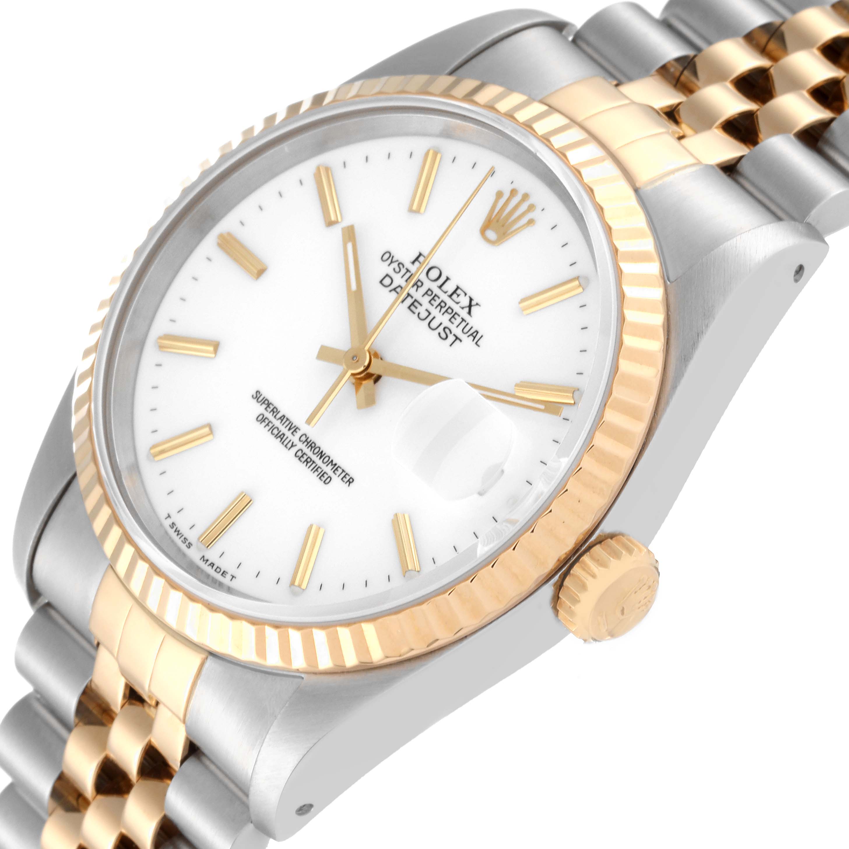 The image shows a Datejust model Rolex watch from an angled, close-up view, featuring the dial, crown, and part of the bracelet.