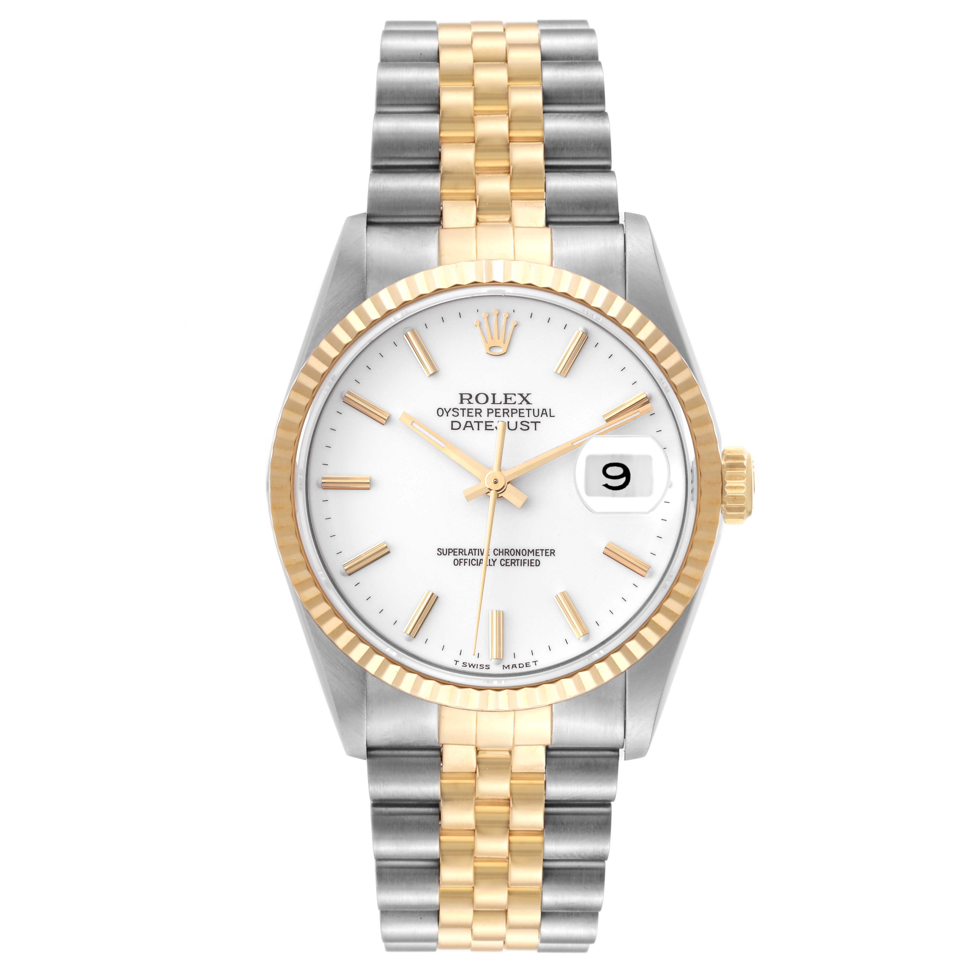 This Rolex Datejust 16233 Men's Steel and Gold (two tone) White Dial 16233 Men's Steel and Gold (two tone) White Dial watch is shown from the front, displaying the dial, bezel, bracelet, and crown.