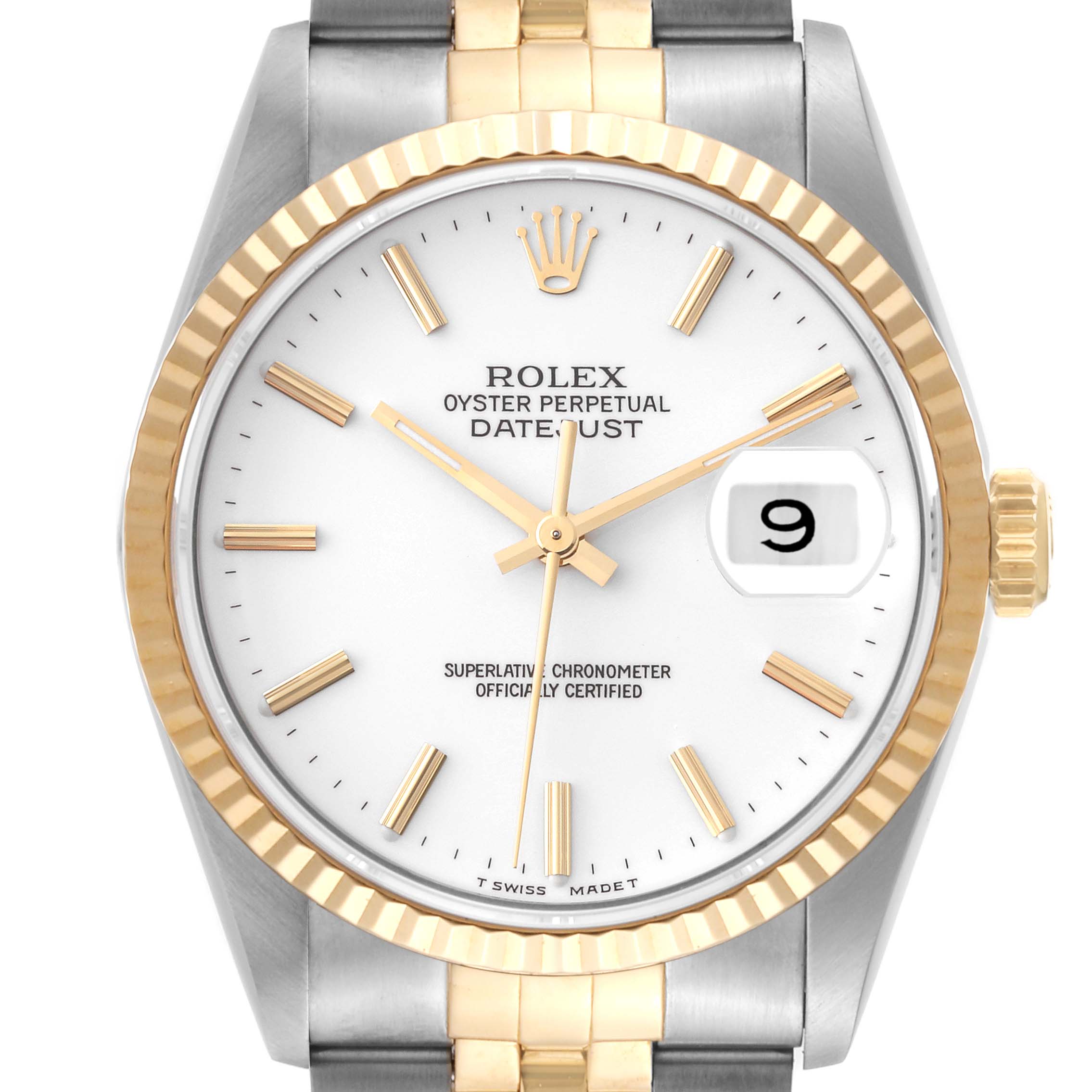 The image shows a front view of a Rolex Datejust 16233 Men's Steel and Gold (two tone) White Dial 16233 Men's Steel and Gold (two tone) White Dial watch, highlighting the dial, fluted bezel, and part of the bracelet.