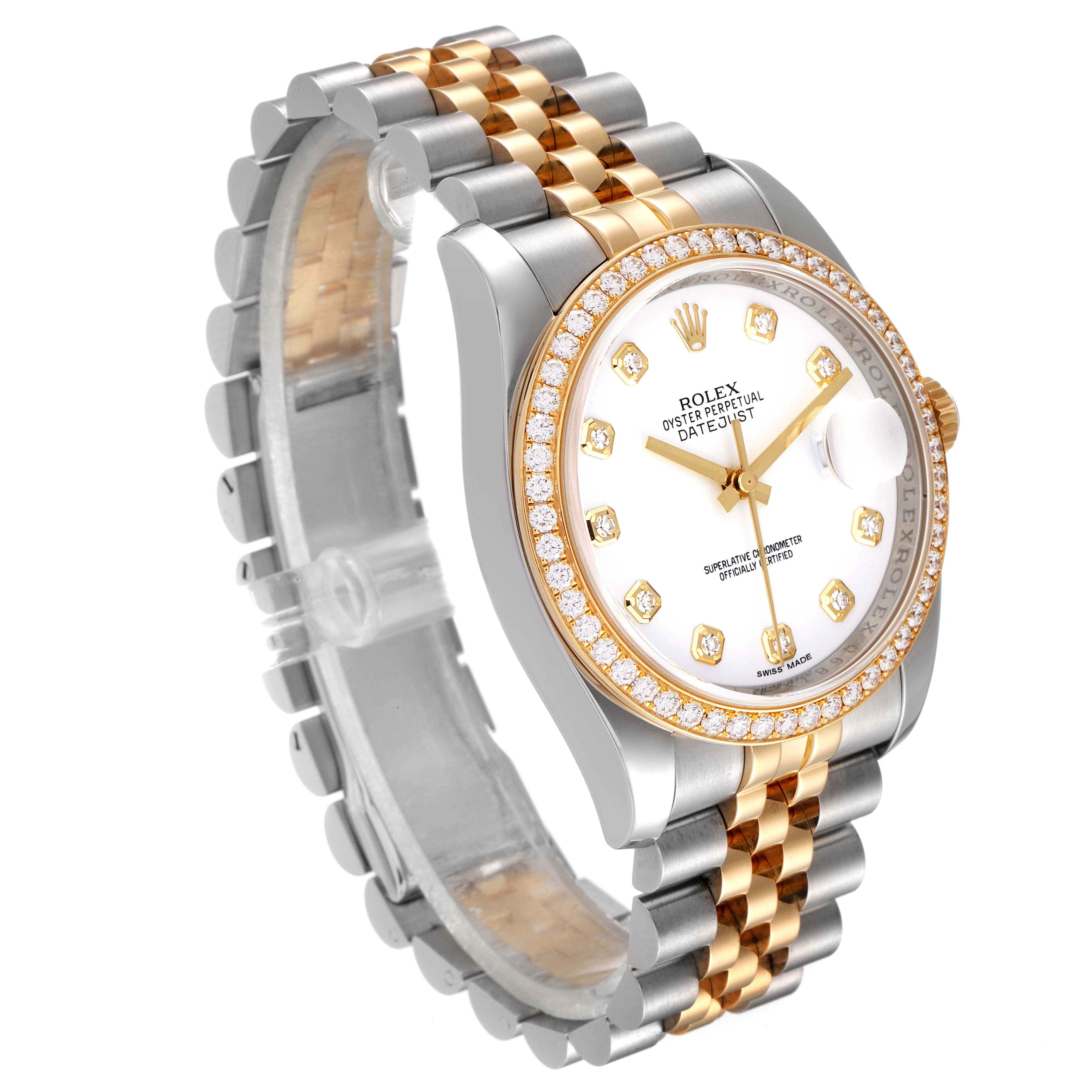 The image shows a Rolex Datejust 116243 Men's Steel and Gold (two tone) White Dial 116243 Men's Steel and Gold (two tone) White Dial watch from an angled front view, highlighting the bracelet, case, and face.