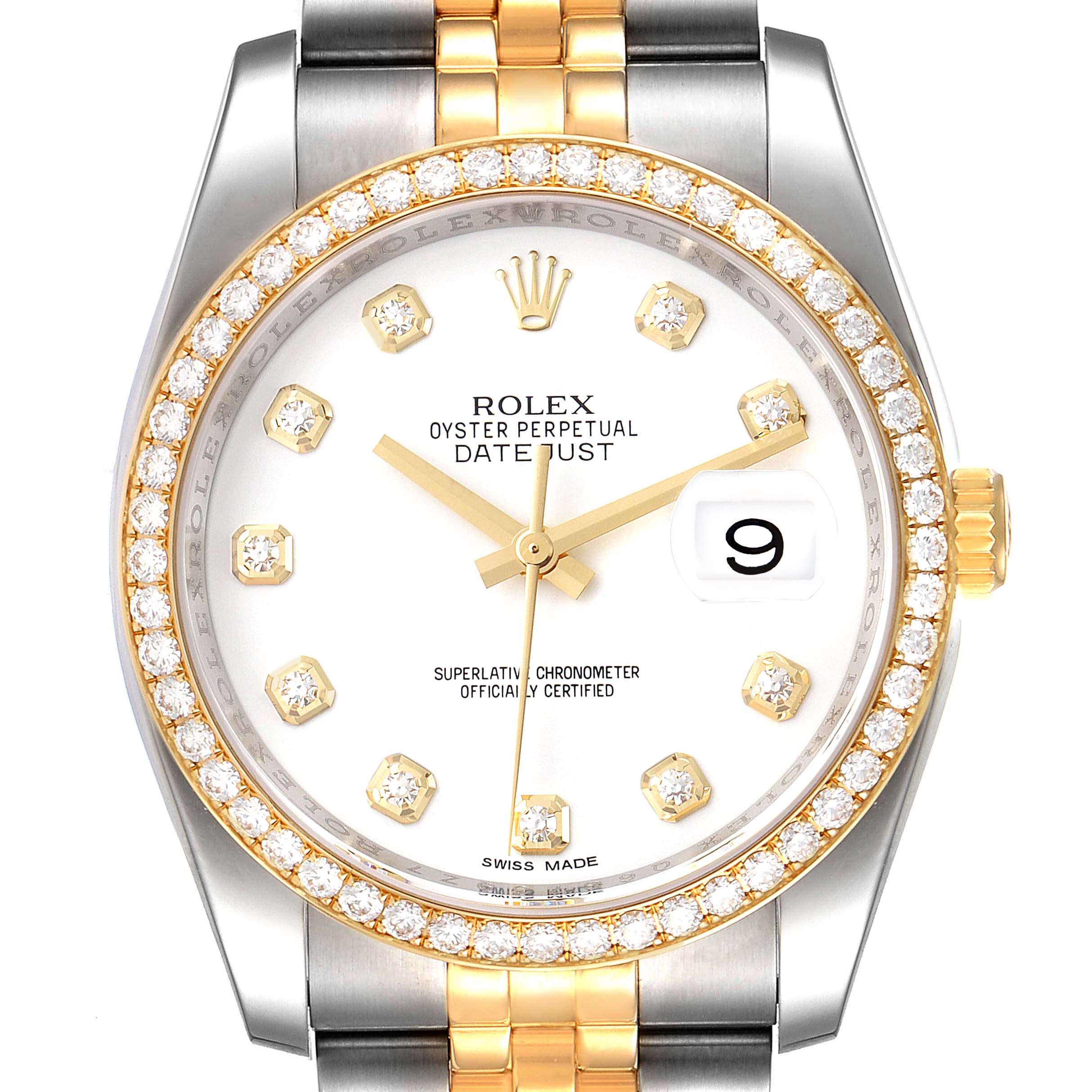 This image shows a Rolex Datejust 116243 Men's Steel and Gold (two tone) White Dial 116243 Men's Steel and Gold (two tone) White Dial watch face and part of the bracelet from a front angle.