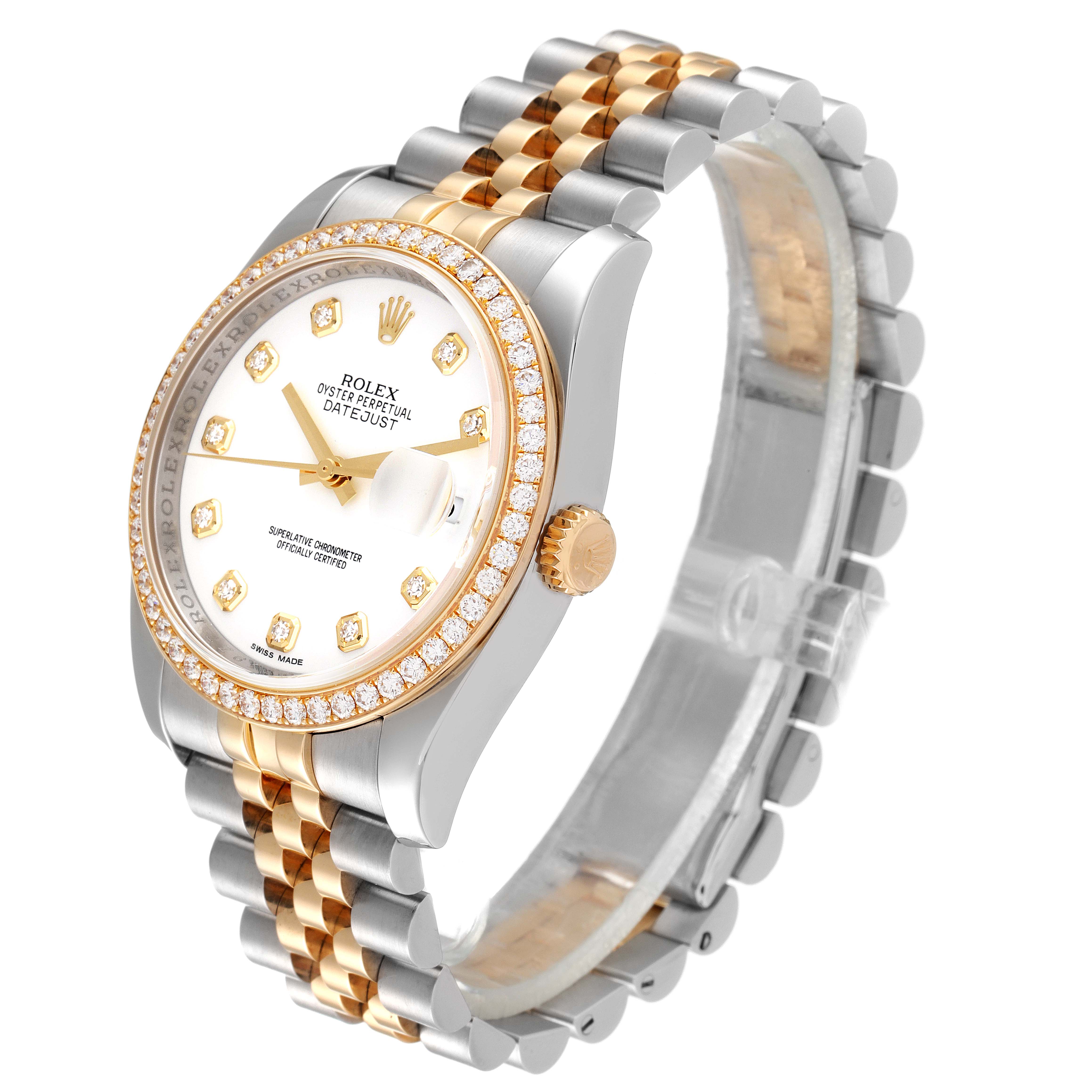 The image shows a Rolex Datejust 116243 Men's Steel and Gold (two tone) White Dial 116243 Men's Steel and Gold (two tone) White Dial watch at an angled view, highlighting its dial, bezel, and two-tone bracelet.