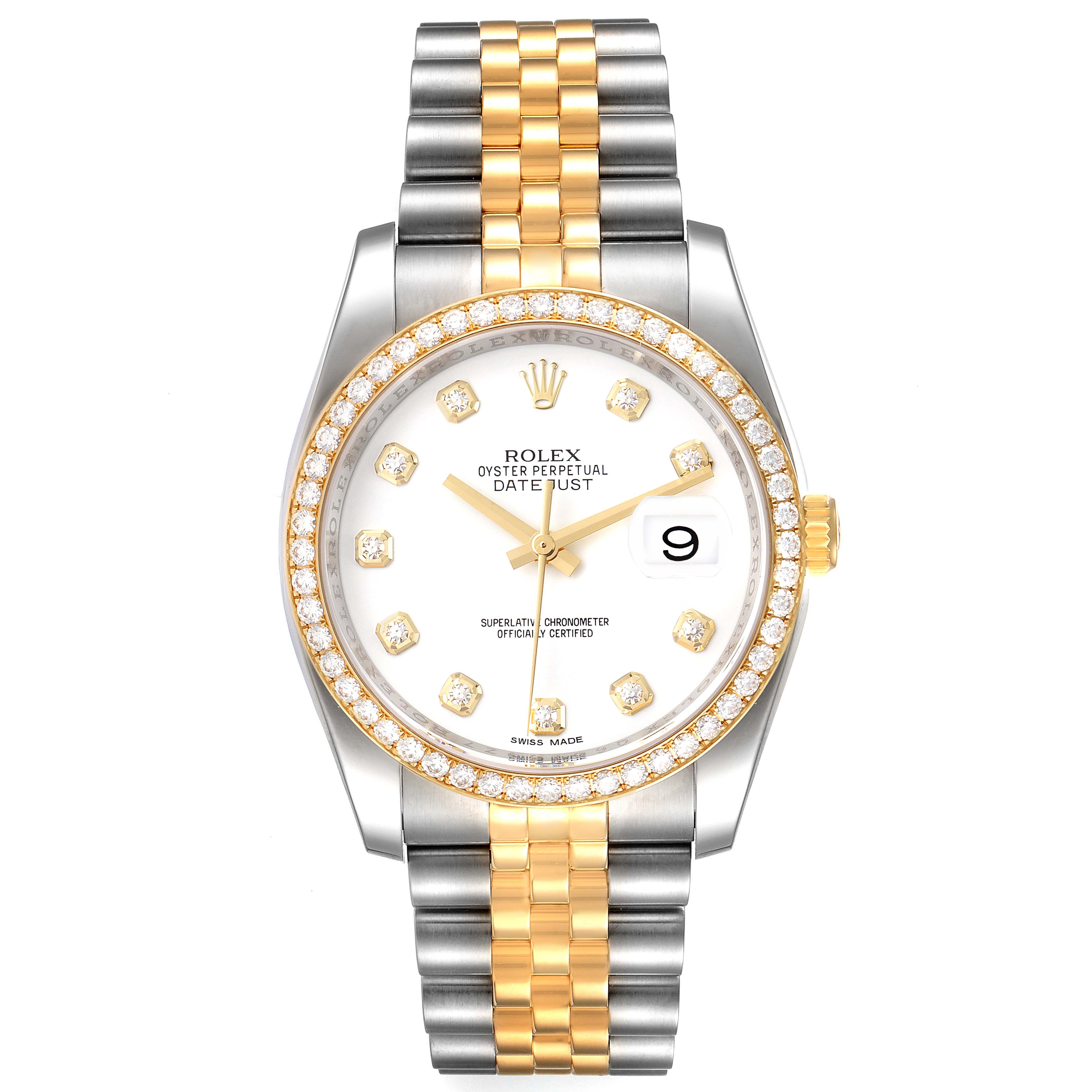 The Rolex Datejust 116243 Men's Steel and Gold (two tone) White Dial 116243 Men's Steel and Gold (two tone) White Dial watch is shown from a front angle, highlighting its two-tone bracelet, diamond-edged bezel, and white dial with date display.