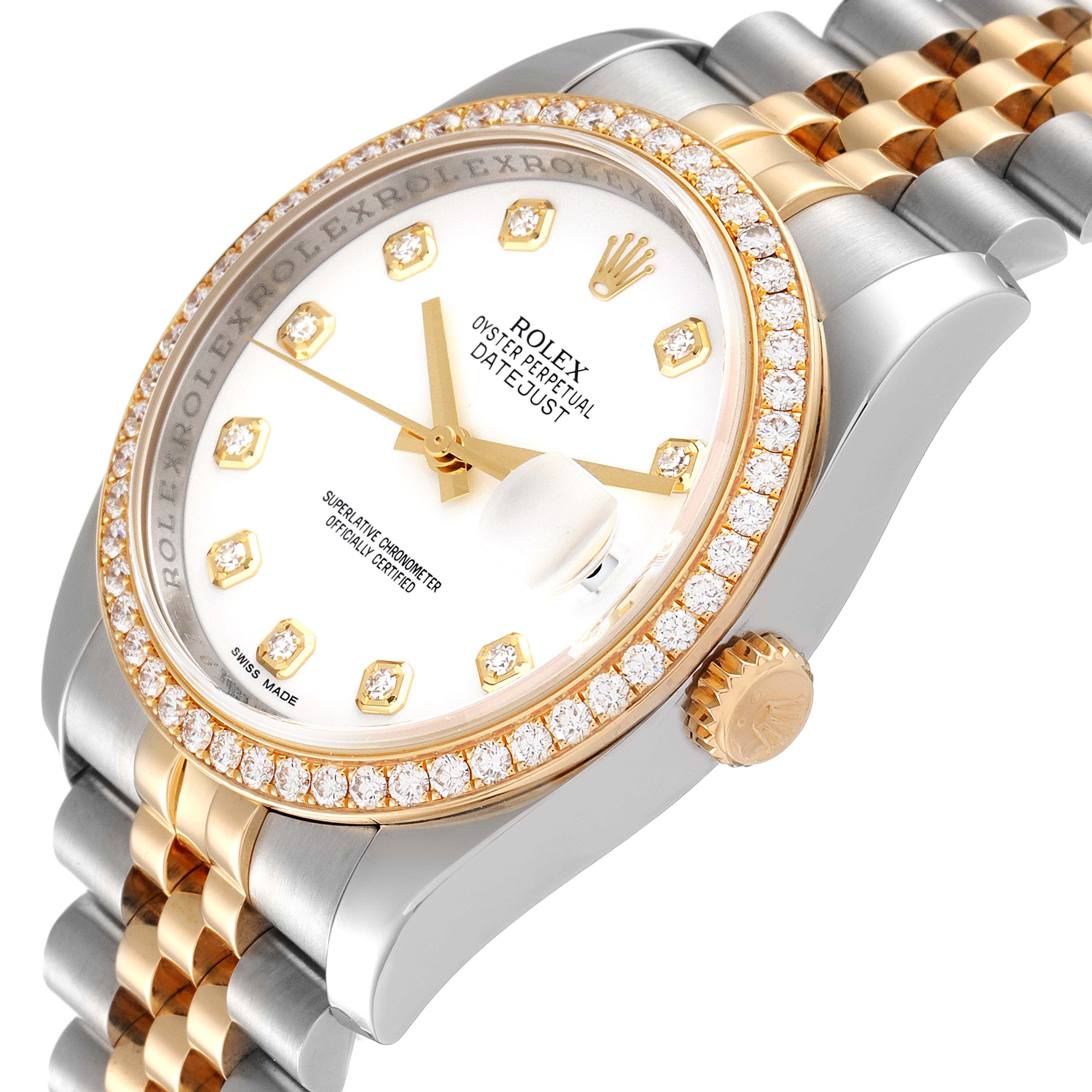The Rolex Datejust 116243 Men's Steel and Gold (two tone) White Dial 116243 Men's Steel and Gold (two tone) White Dial watch is shown at an angled close-up, highlighting the face, bezel, and partial bracelet.
