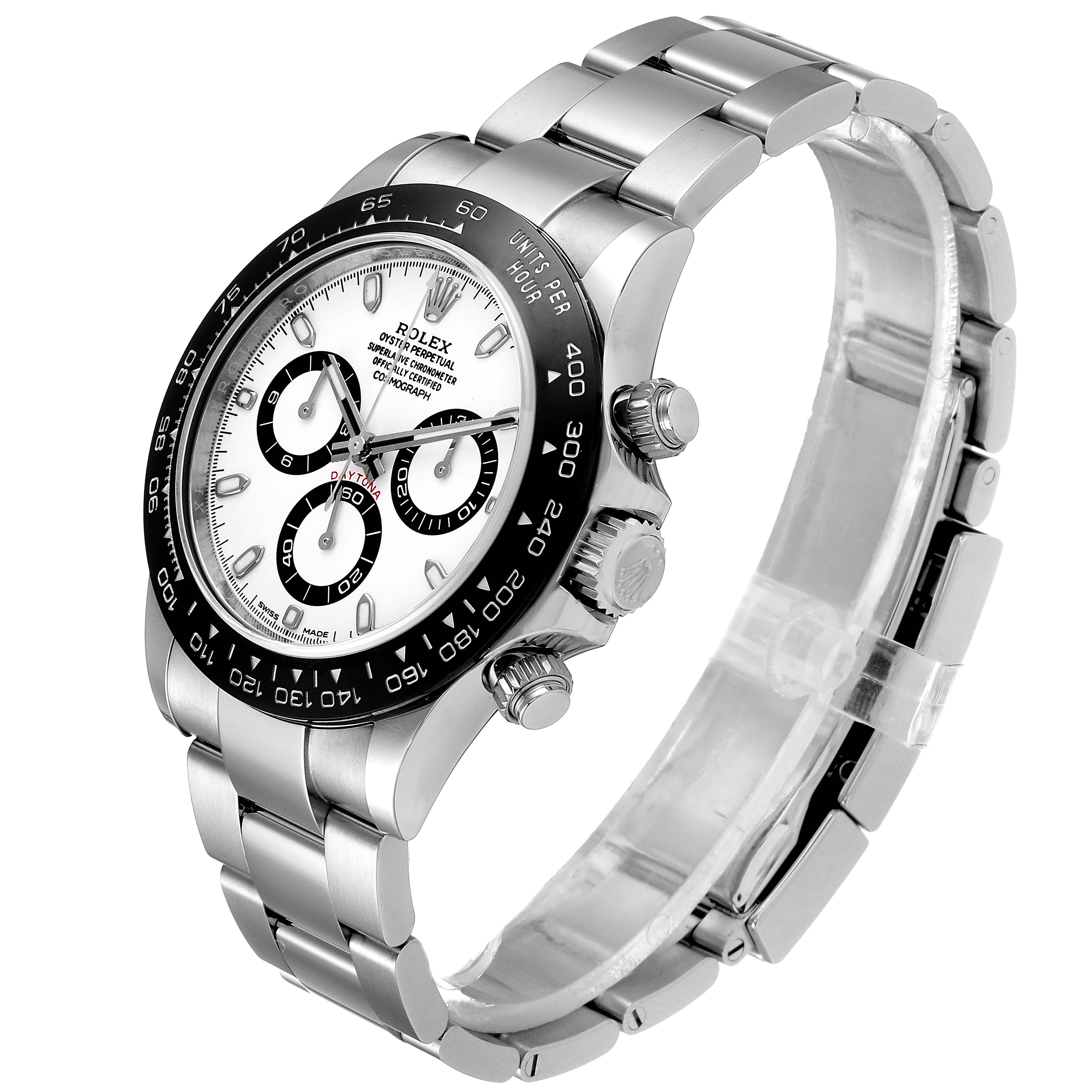 The Rolex Daytona 116500 Men's Stainless Steel White Dial 116500 Men's Stainless Steel White Dial watch is shown at an angle highlighting its face, bezel, crown, and strap.