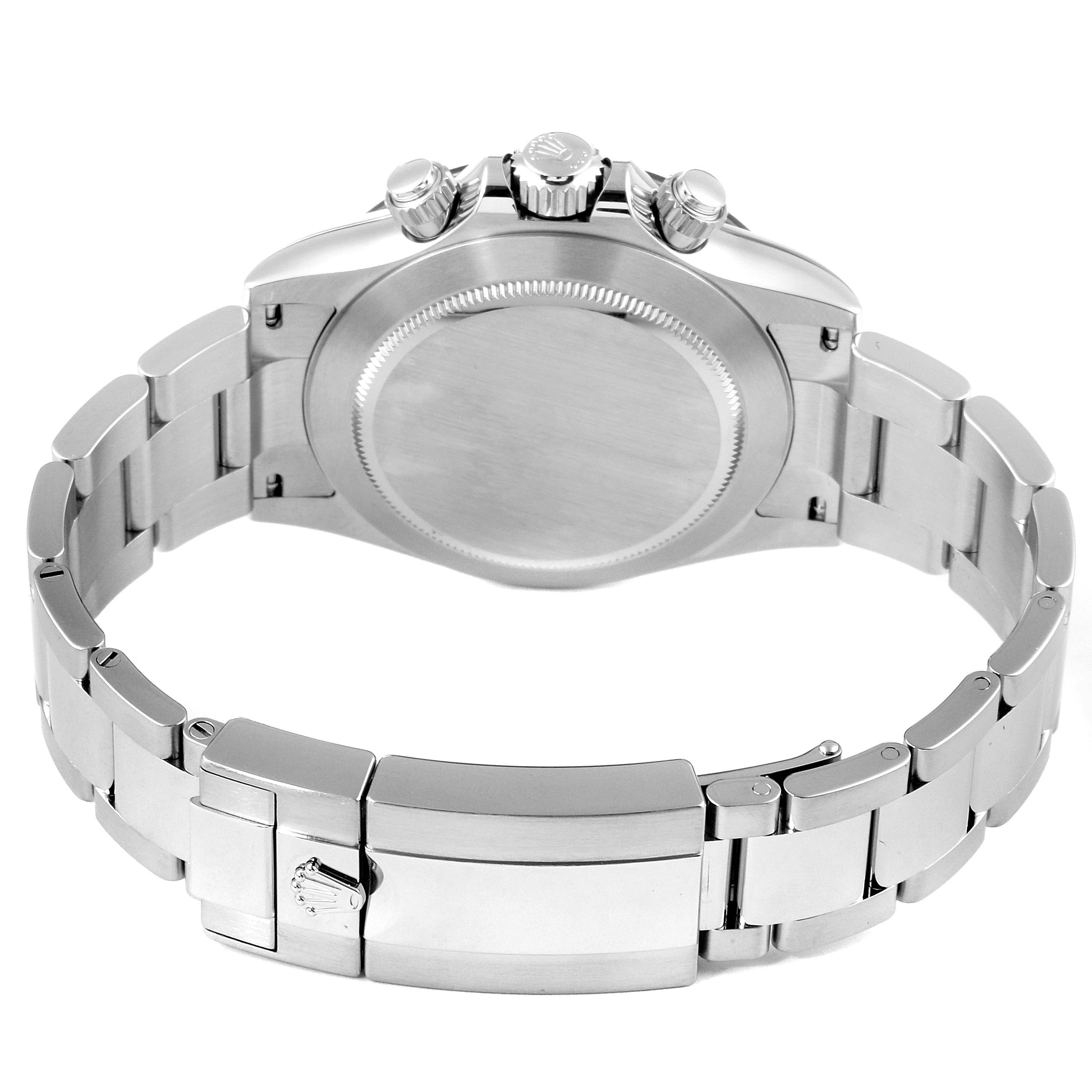 The image shows the back view of a Rolex Daytona 116500 Men's Stainless Steel White Dial 116500 Men's Stainless Steel White Dial watch, featuring the bracelet, clasp, and case back.