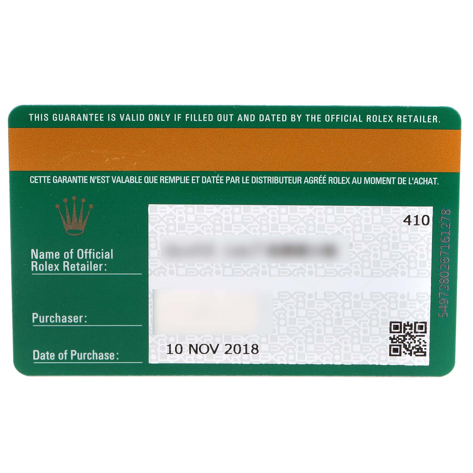 This is a guarantee card for the Daytona model by Rolex, including details like the retailer, purchaser, and date of purchase.