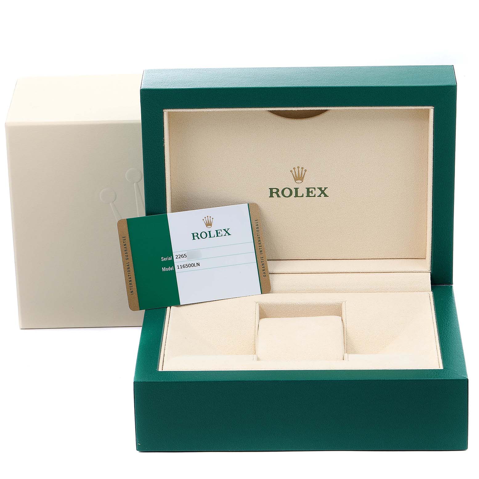 The image shows the open box and authentication card for a Rolex Daytona 116500 Men's Stainless Steel White Dial 116500 Men's Stainless Steel White Dial watch.