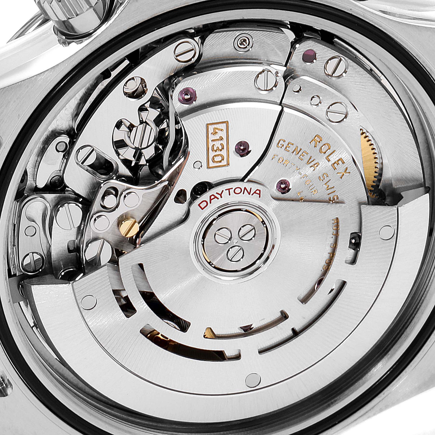 This is a close-up view of the movement inside a Rolex Daytona 116500 Men's Stainless Steel White Dial 116500 Men's Stainless Steel White Dial watch, highlighting its intricate mechanical components.