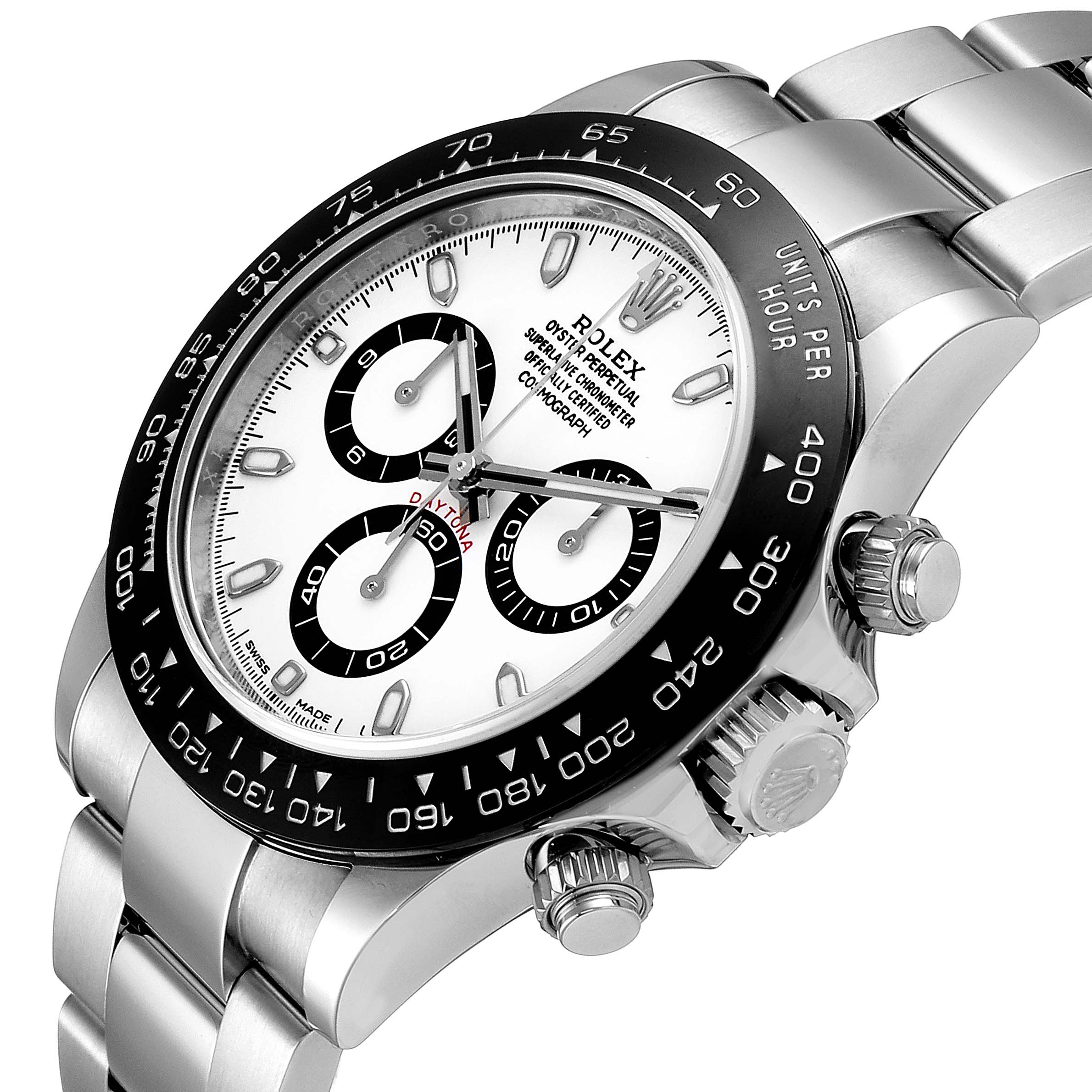 The image shows a close-up of a Rolex Daytona 116500 Men's Stainless Steel White Dial 116500 Men's Stainless Steel White Dial watch, highlighting the dial, bezel, crown, and part of the bracelet.