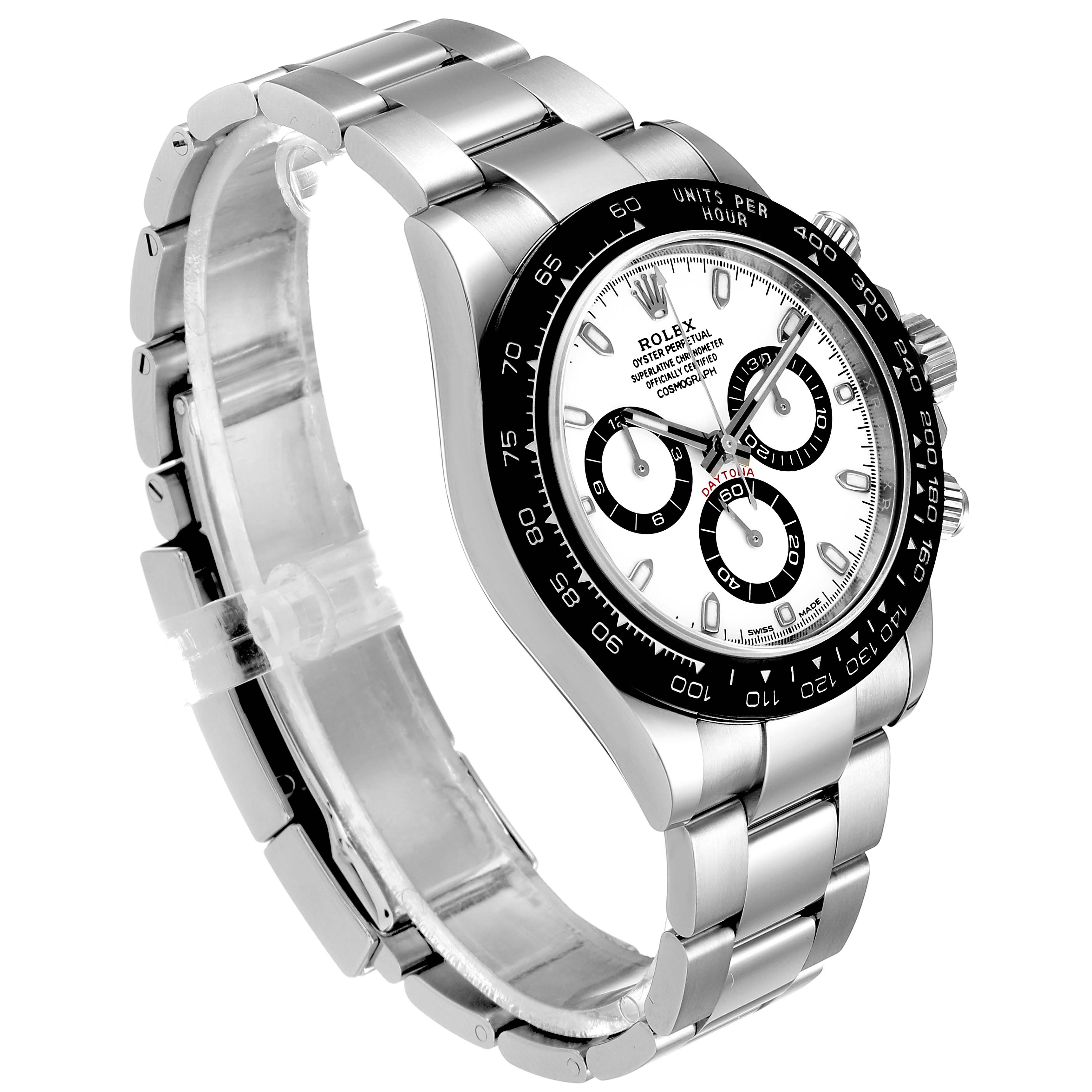 The image shows a Rolex Daytona 116500 Men's Stainless Steel White Dial 116500 Men's Stainless Steel White Dial watch angled to display the face, bezel, and bracelet.