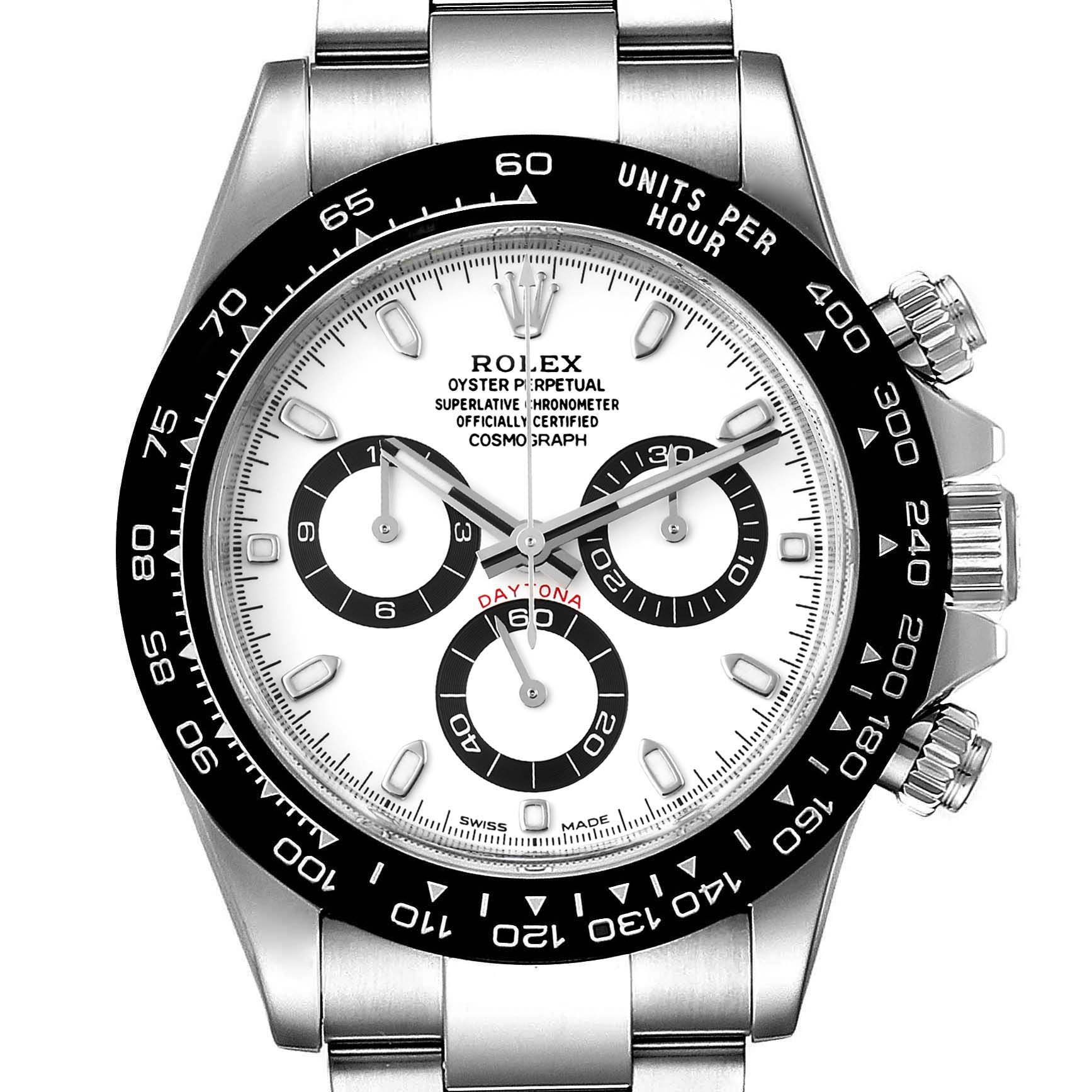This Rolex Daytona 116500 Men's Stainless Steel White Dial 116500 Men's Stainless Steel White Dial watch is shown from a front angle, displaying the dial, bezel, pushers, and bracelet.