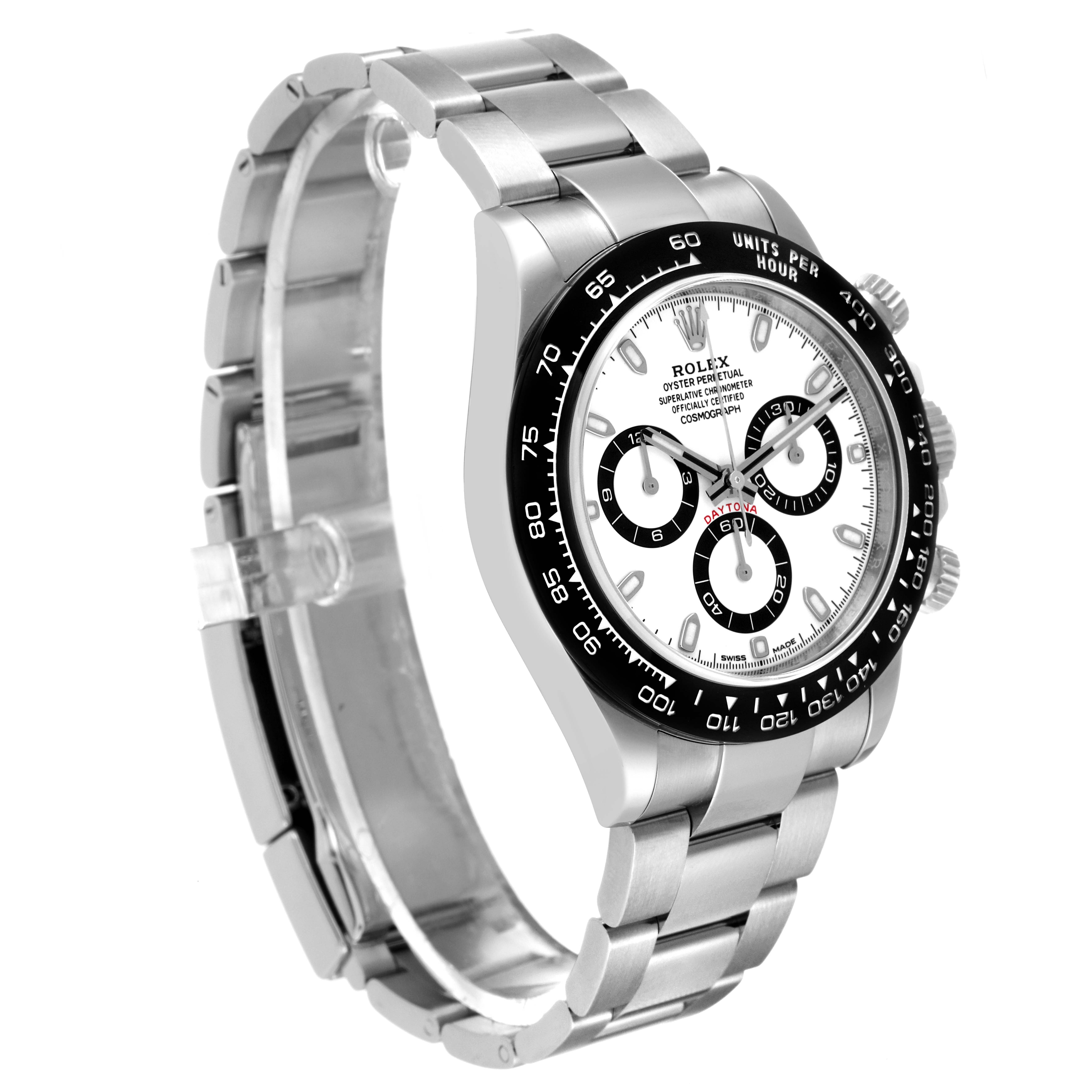 This image shows a side view and partial front view of a Rolex Daytona 116500 Men's Stainless Steel White Dial 116500 Men's Stainless Steel White Dial watch, including its dial, bezel, and bracelet.