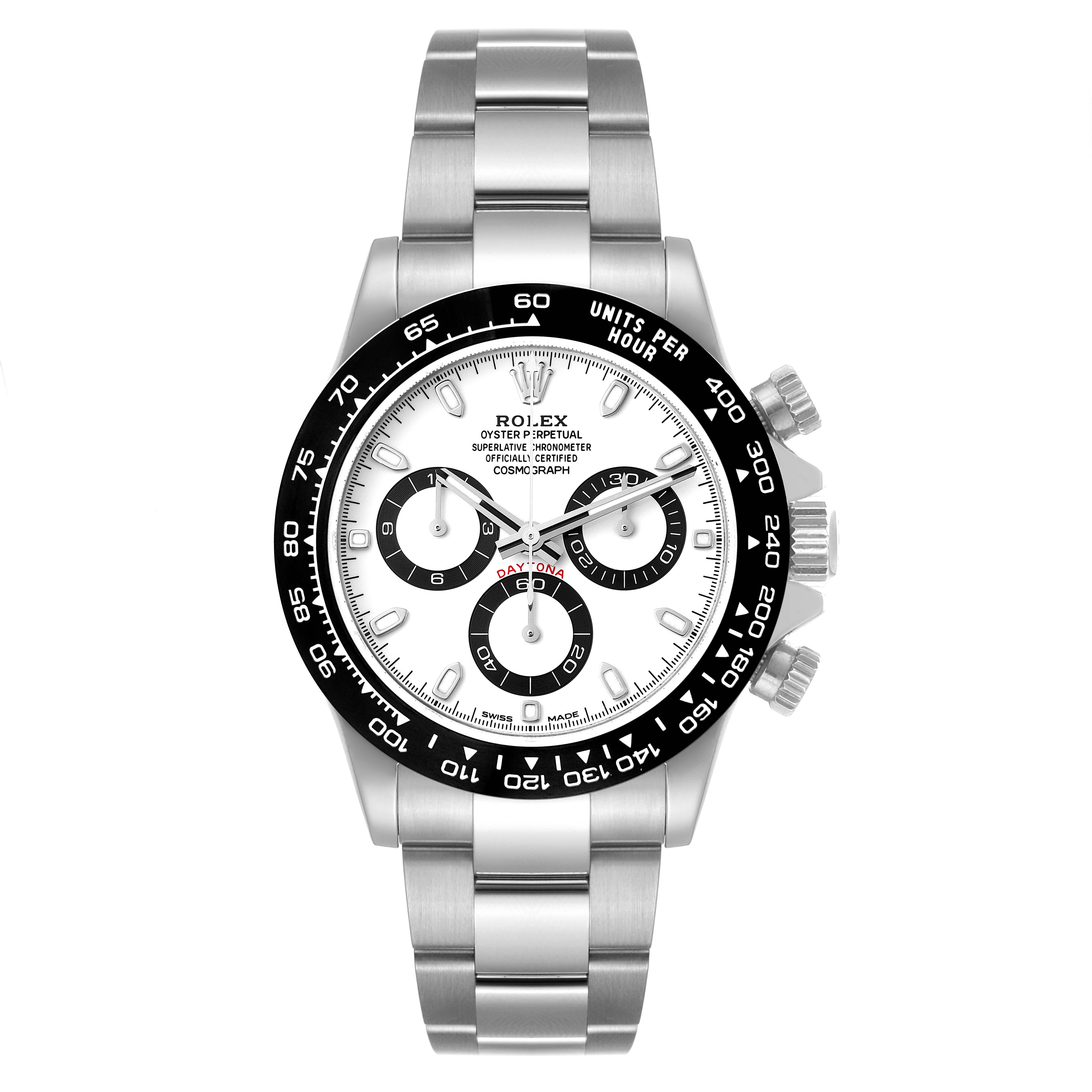 This is a front view of a Rolex Daytona 116500 Men's Stainless Steel White Dial 116500 Men's Stainless Steel White Dial watch, showing its dial, bracelet, and bezel with units per hour markings.