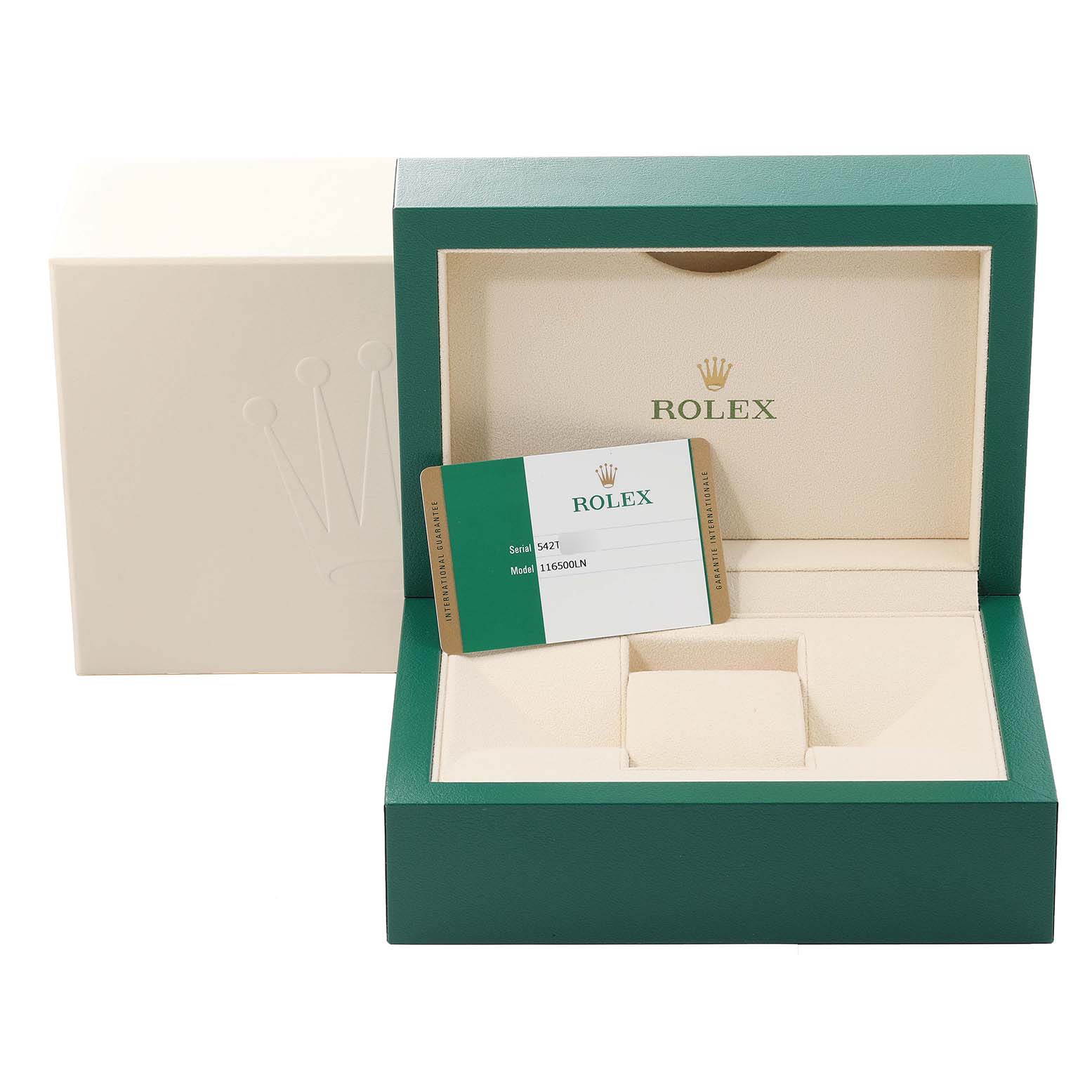 The image shows the packaging box and authenticity card for the Rolex Daytona 116500 Men's Stainless Steel White Dial 116500 Men's Stainless Steel White Dial model watch.