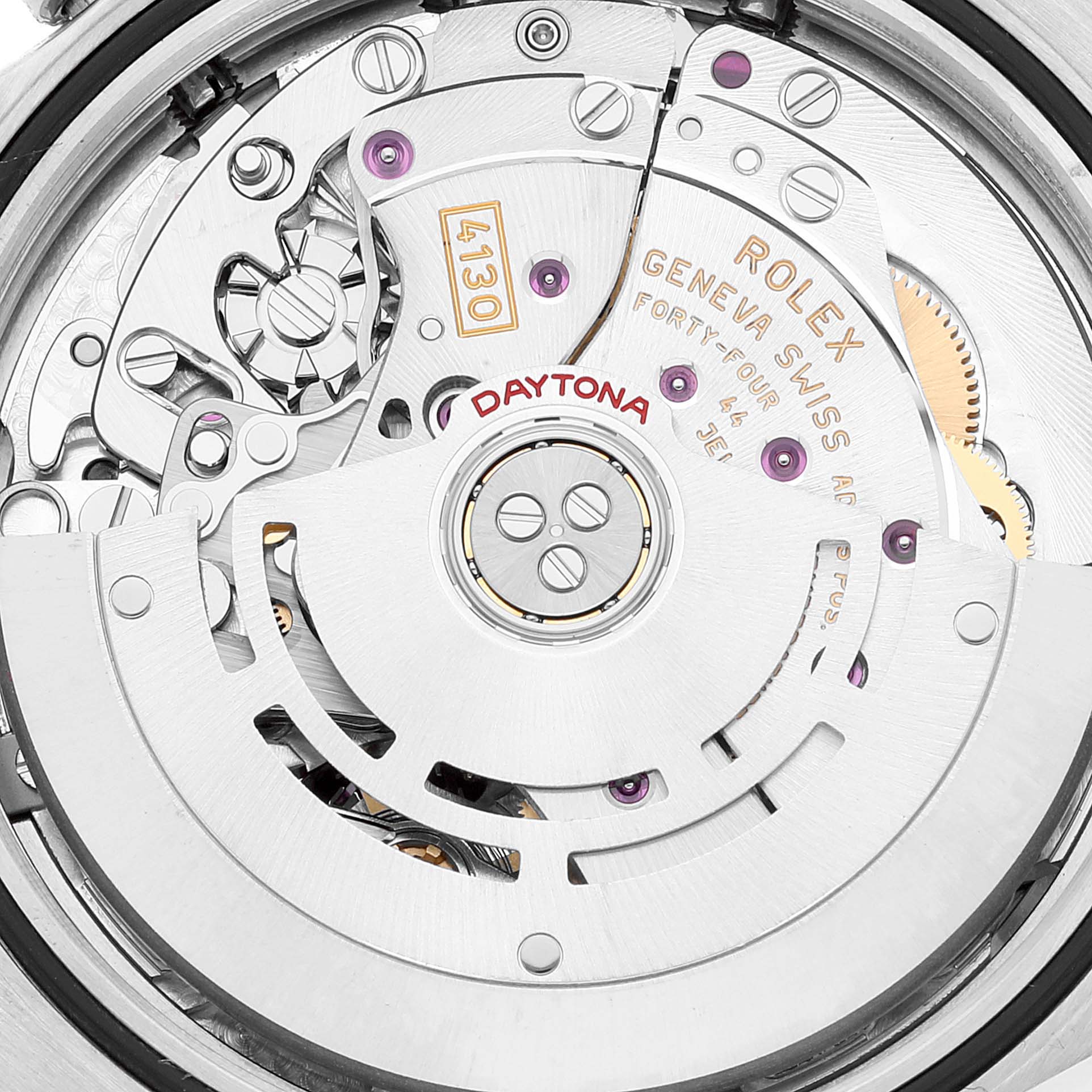 This image shows a close-up of the movement and intricate inner workings of a Rolex Daytona 116500 Men's Stainless Steel White Dial 116500 Men's Stainless Steel White Dial watch from a top-down angle.