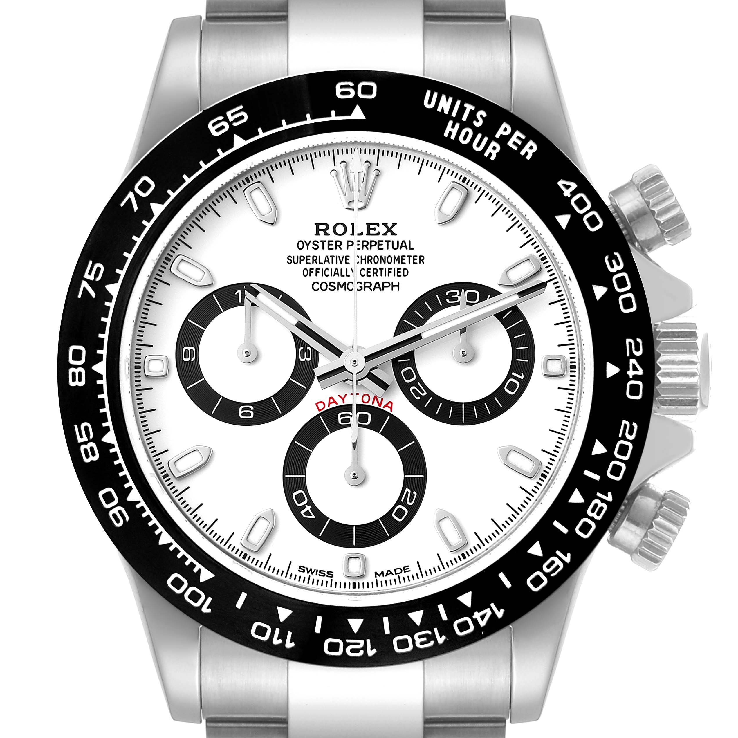 The image shows a front view of the Rolex Daytona 116500 Men's Stainless Steel White Dial 116500 Men's Stainless Steel White Dial watch, highlighting its dial, bezel, and chronograph sub-dials.