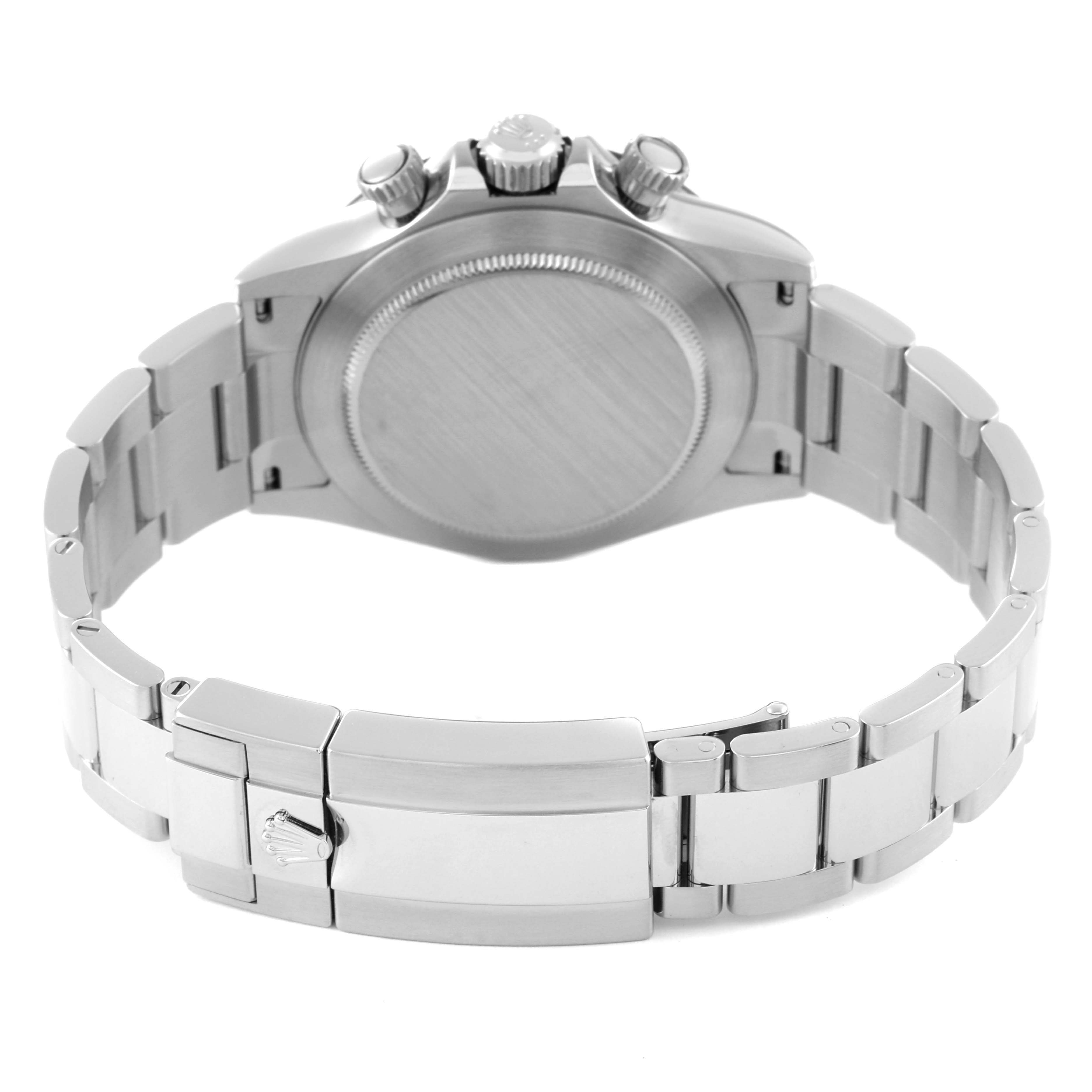 The image shows the back view of the Rolex Daytona 116500 Men's Stainless Steel White Dial 116500 Men's Stainless Steel White Dial model, highlighting its bracelet, clasp, case back, and crown.