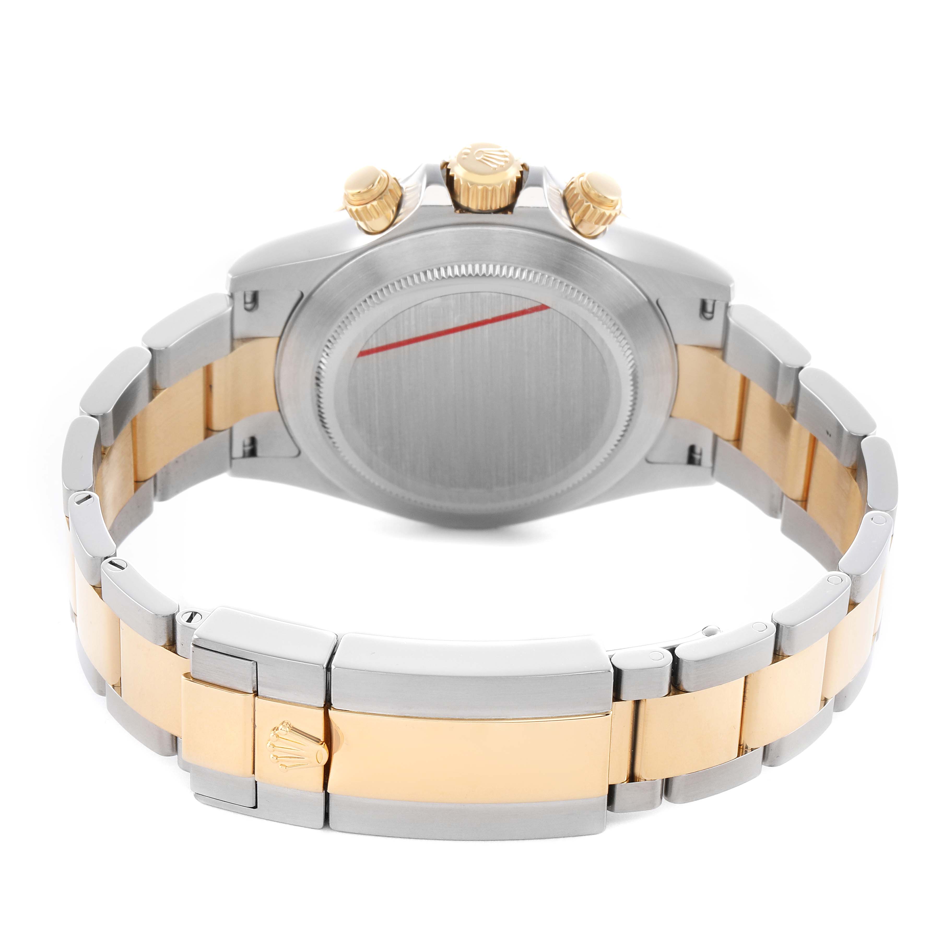 The Rolex Daytona 116503 Men's Steel and Gold (two tone) Black Dial watch is shown from the back angle, featuring the bracelet, case back, and crown.