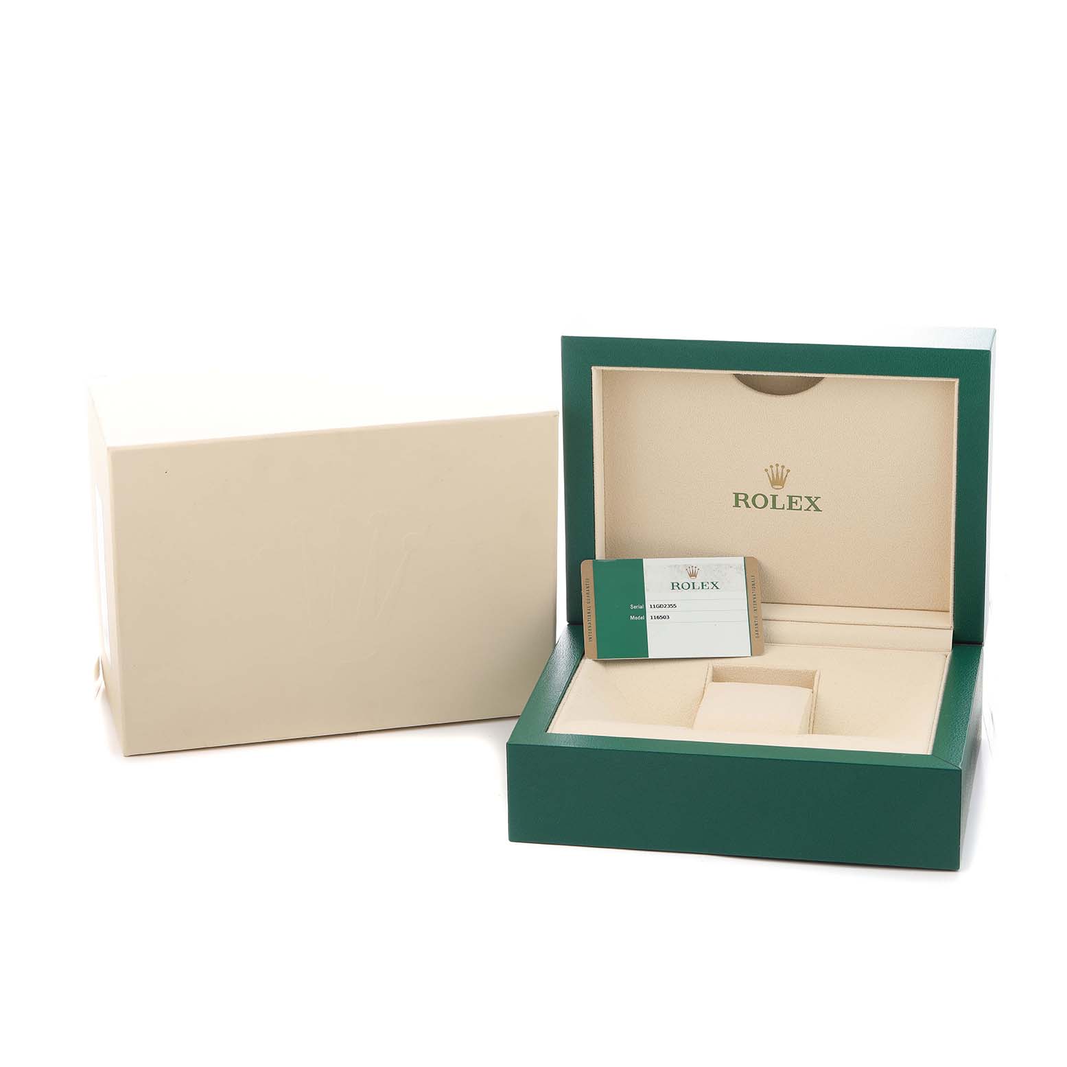The image shows an open Rolex Daytona 116503 Men's Steel and Gold (two tone) Black Dial watch box with inner beige lining, a green-bordered card, and the outer packaging.