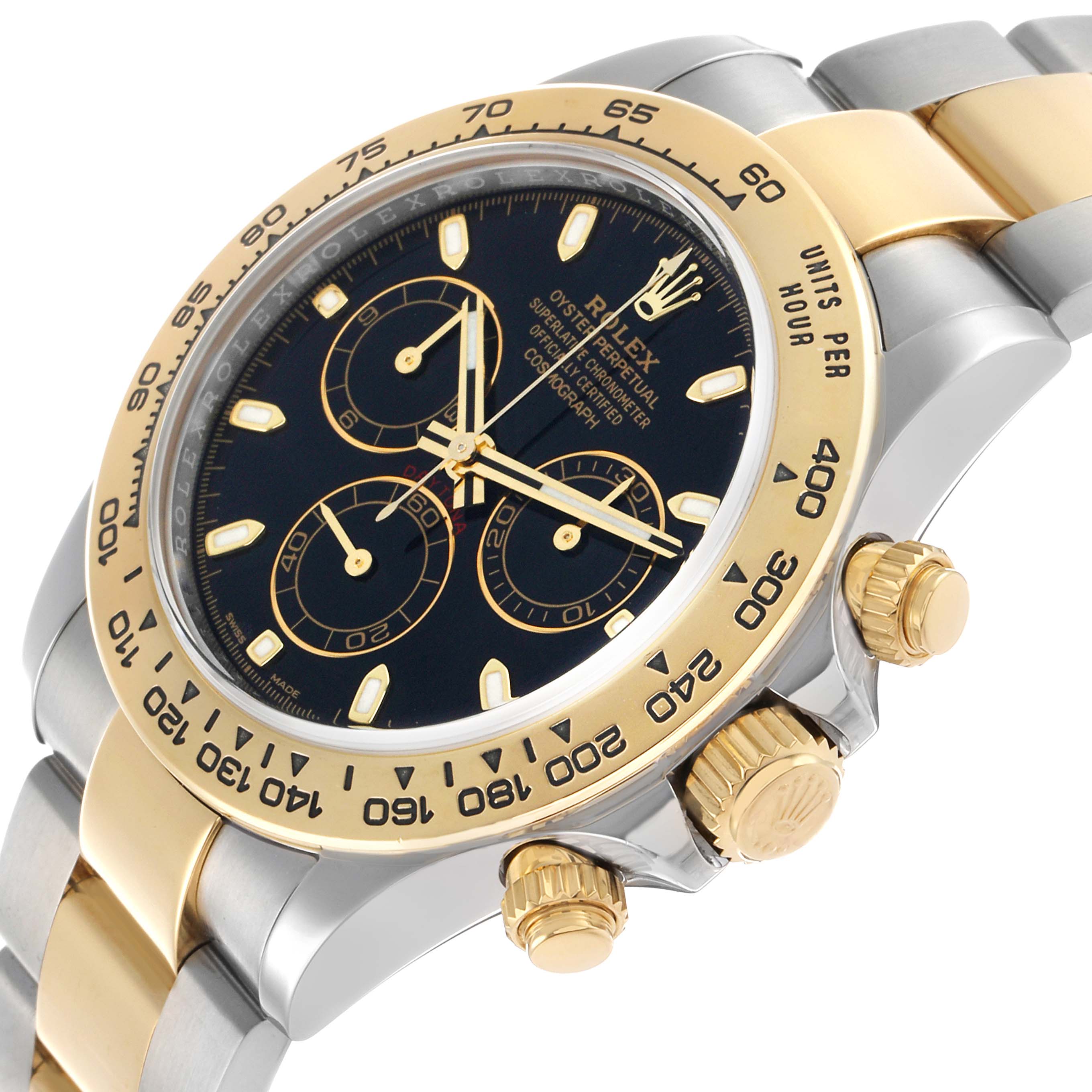 The Rolex Daytona 116503 Men's Steel and Gold (two tone) Black Dial watch is shown at a slight angle, highlighting the bezel, crown, pushers, and part of the bracelet.