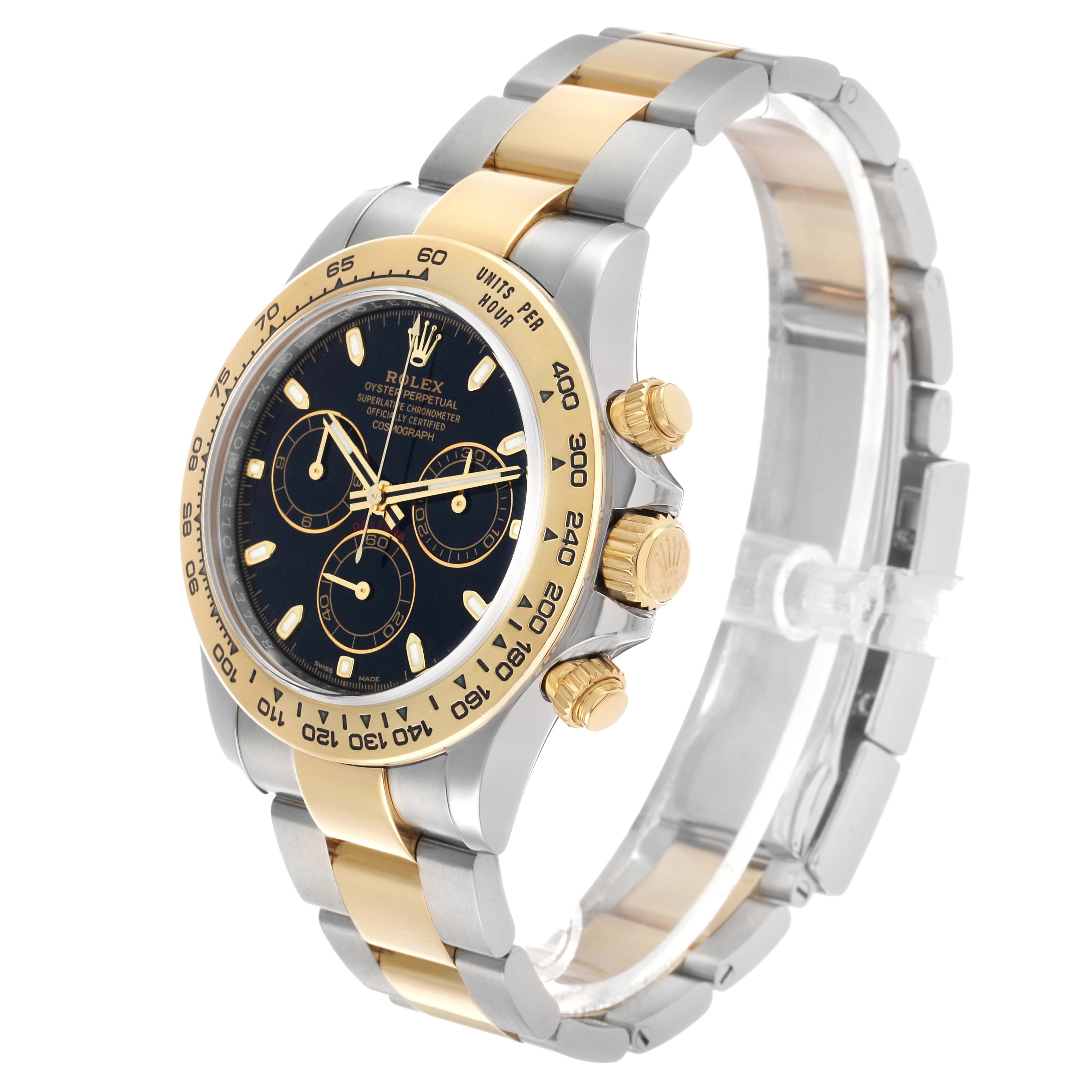 The Rolex Daytona 116503 Men's Steel and Gold (two tone) Black Dial watch is shown at an angled view featuring the black dial, gold bezel, pushers, and two-tone bracelet.