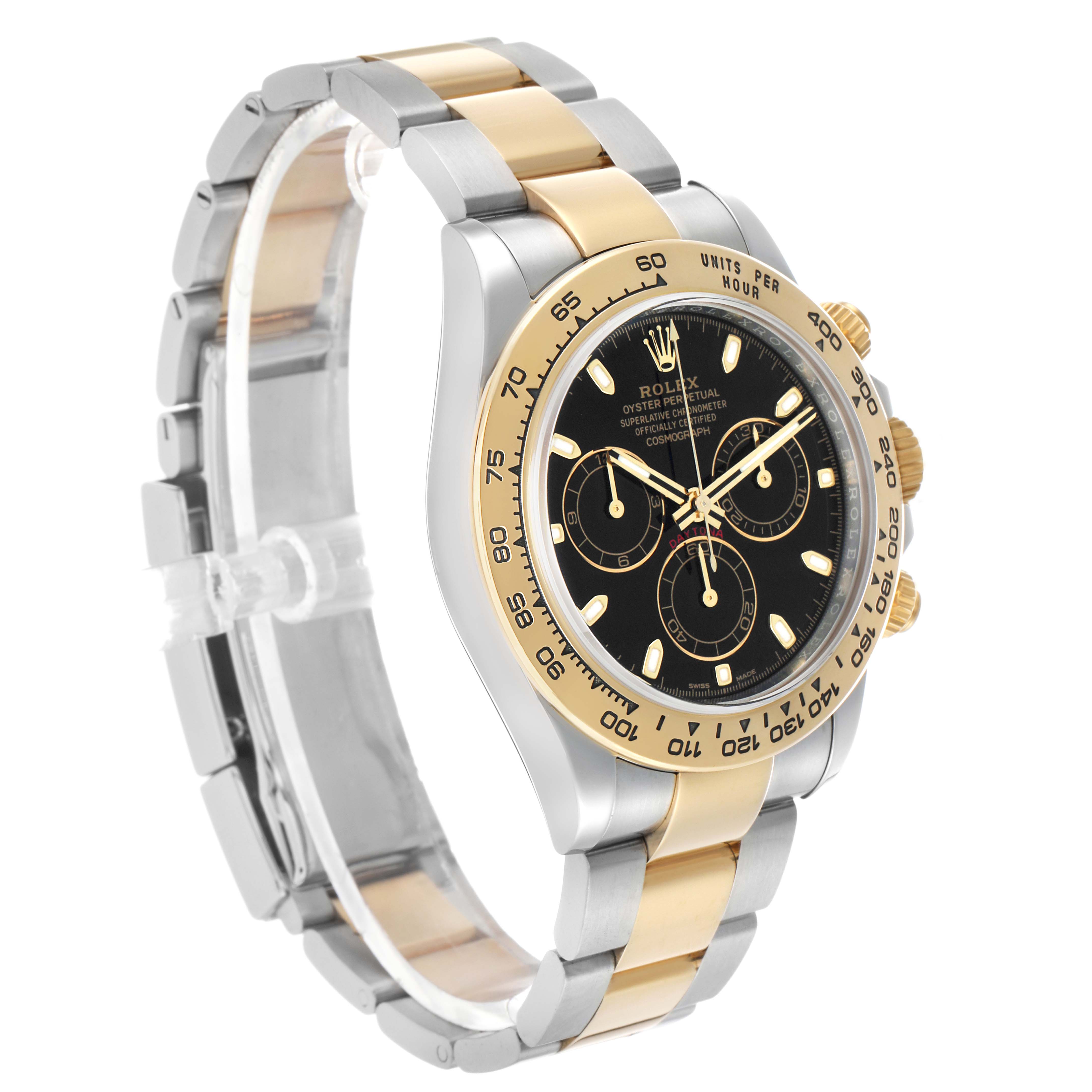 The Rolex Daytona 116503 Men's Steel and Gold (two tone) Black Dial is shown at a three-quarter angle, displaying the face, bezel, crown, and part of the bracelet.