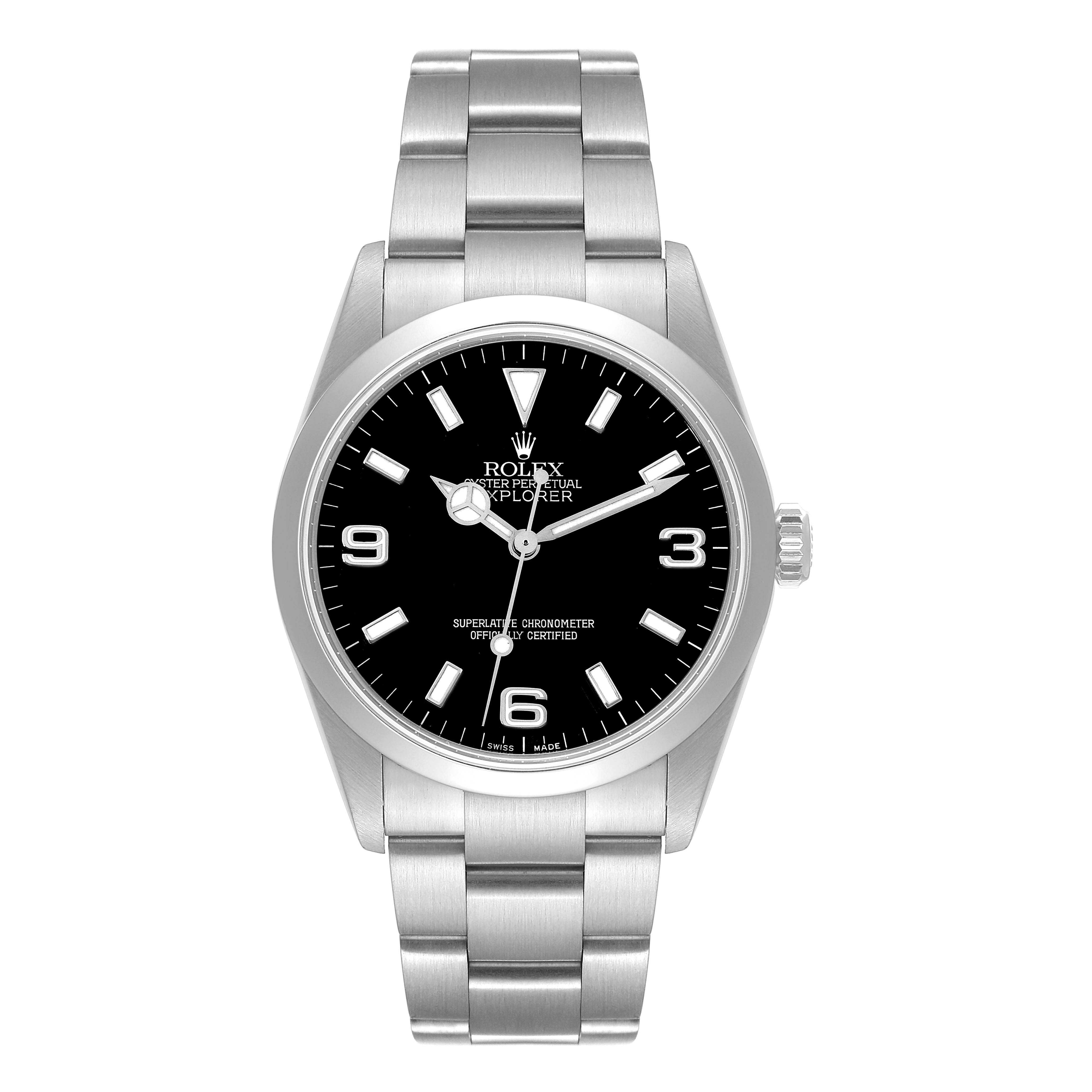 The image shows a front view of a Rolex Explorer 114270 Men
s Stainless Steel Black Dial 114270 Men
s Stainless Steel Black Dial watch, highlighting its dial, hands, hour markers, and stainless steel bracelet.