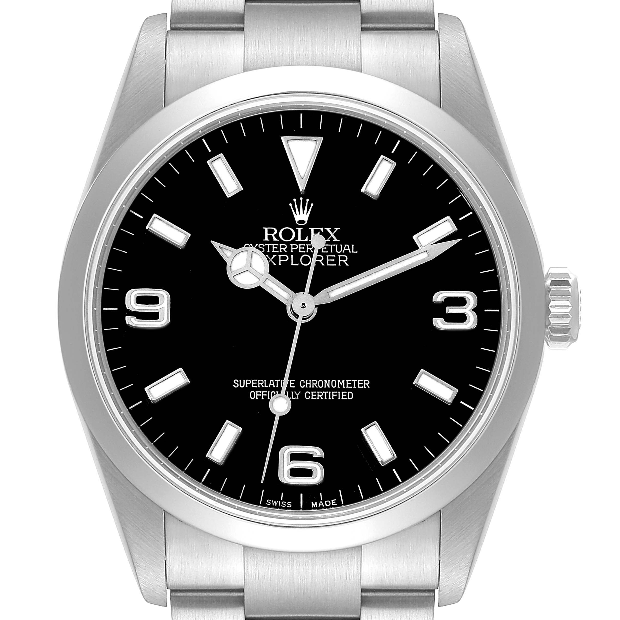 The image shows a front view of a Rolex Explorer 114270 Men
s Stainless Steel Black Dial 114270 Men
s Stainless Steel Black Dial model watch, highlighting its black dial, hour markers, and stainless steel bracelet.