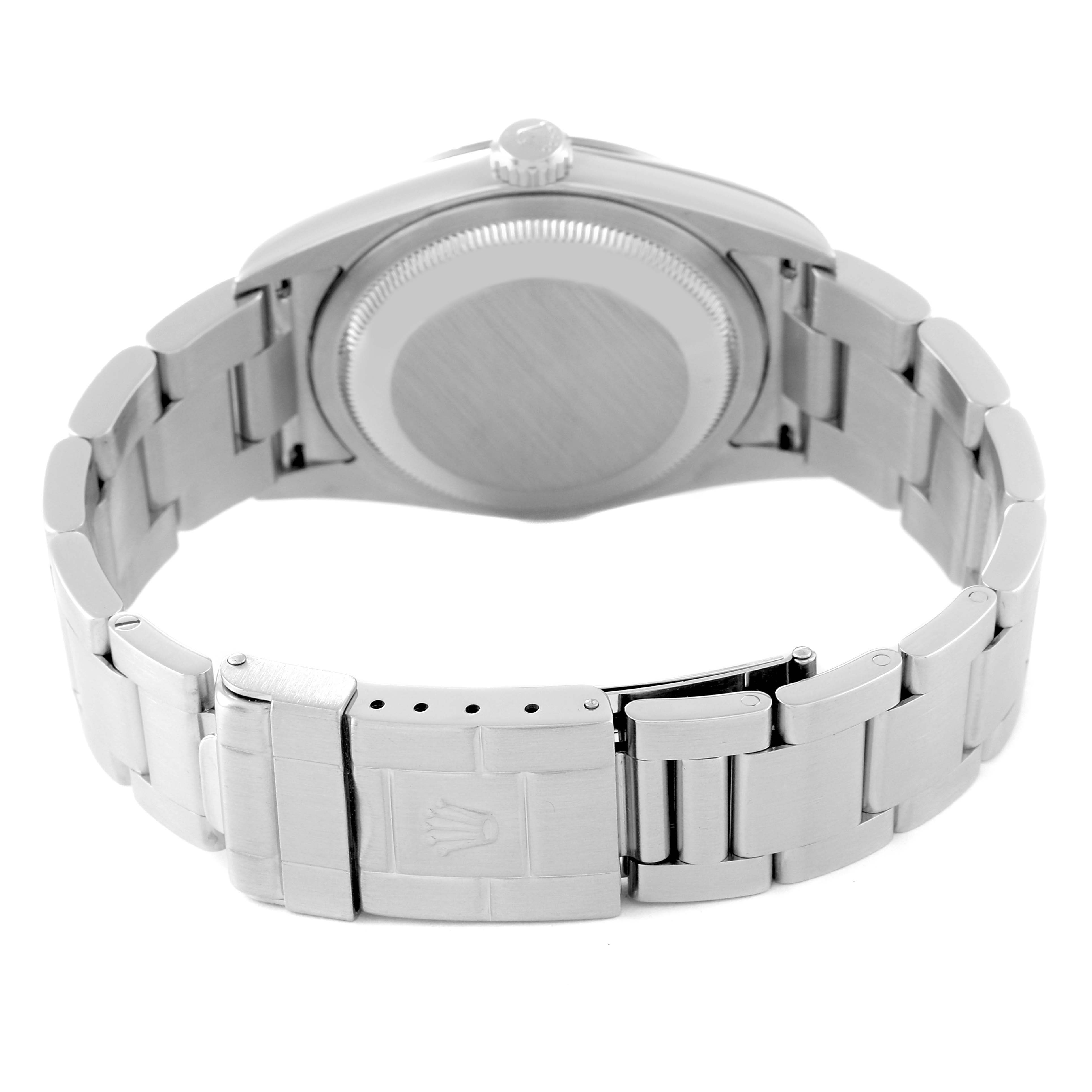 The image shows the back view of a Rolex Explorer 114270 Men
s Stainless Steel Black Dial 114270 Men
s Stainless Steel Black Dial model, highlighting its bracelet, clasp, case back, and crown.