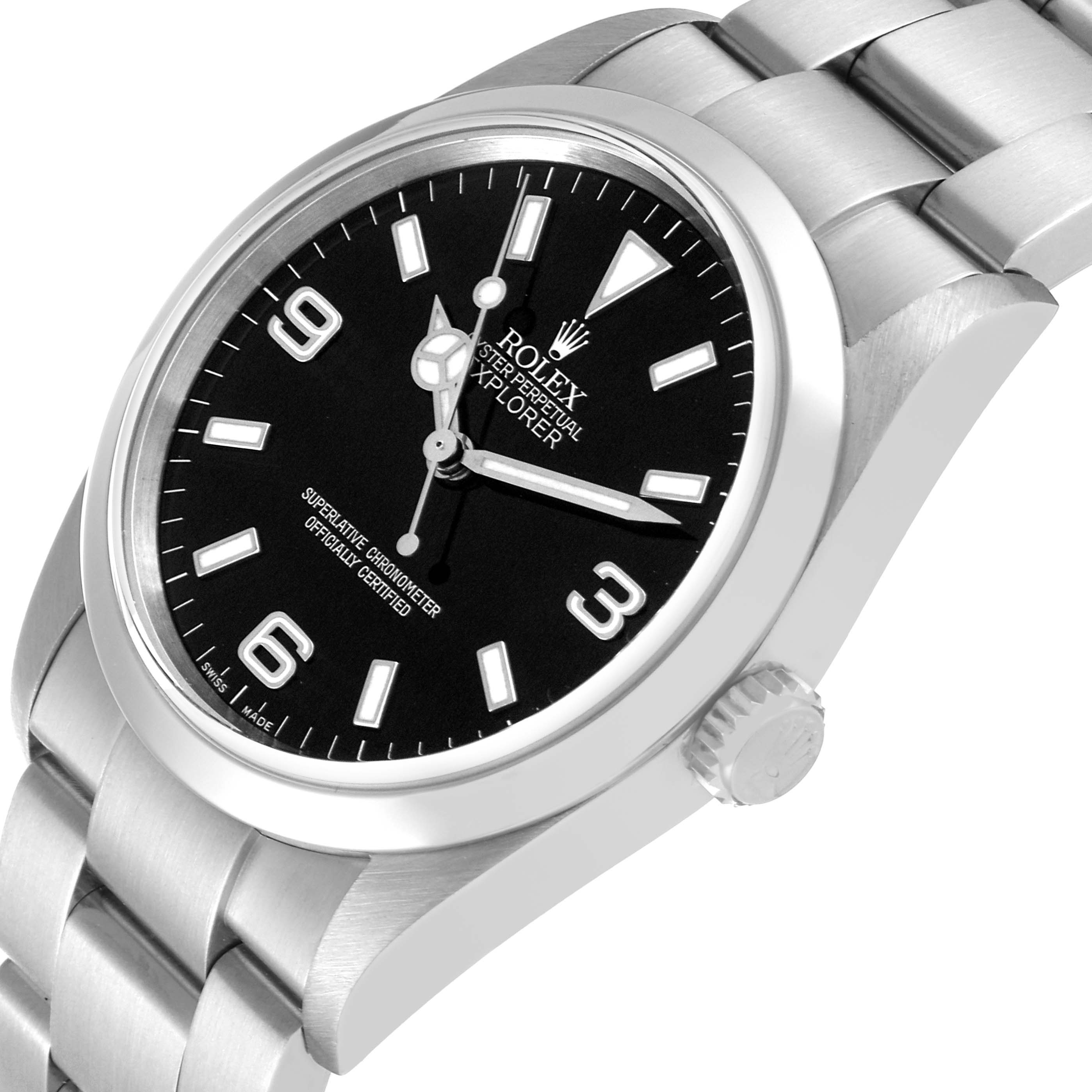 The image shows a close-up view of the Rolex Explorer 114270 Men
s Stainless Steel Black Dial 114270 Men
s Stainless Steel Black Dial watch, highlighting the dial, bezel, and part of the bracelet from an angled perspective.