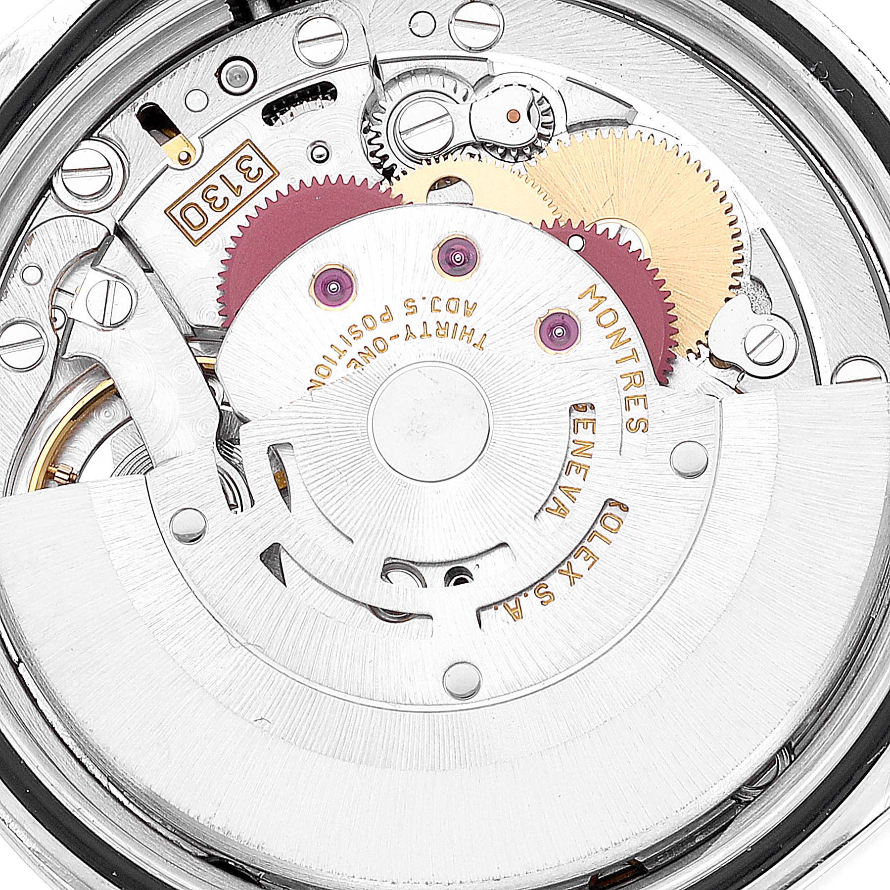 The image shows the internal mechanism of the Rolex Explorer 114270 Men
s Stainless Steel Black Dial 114270 Men
s Stainless Steel Black Dial watch, focusing on its gears and rotor assembly.