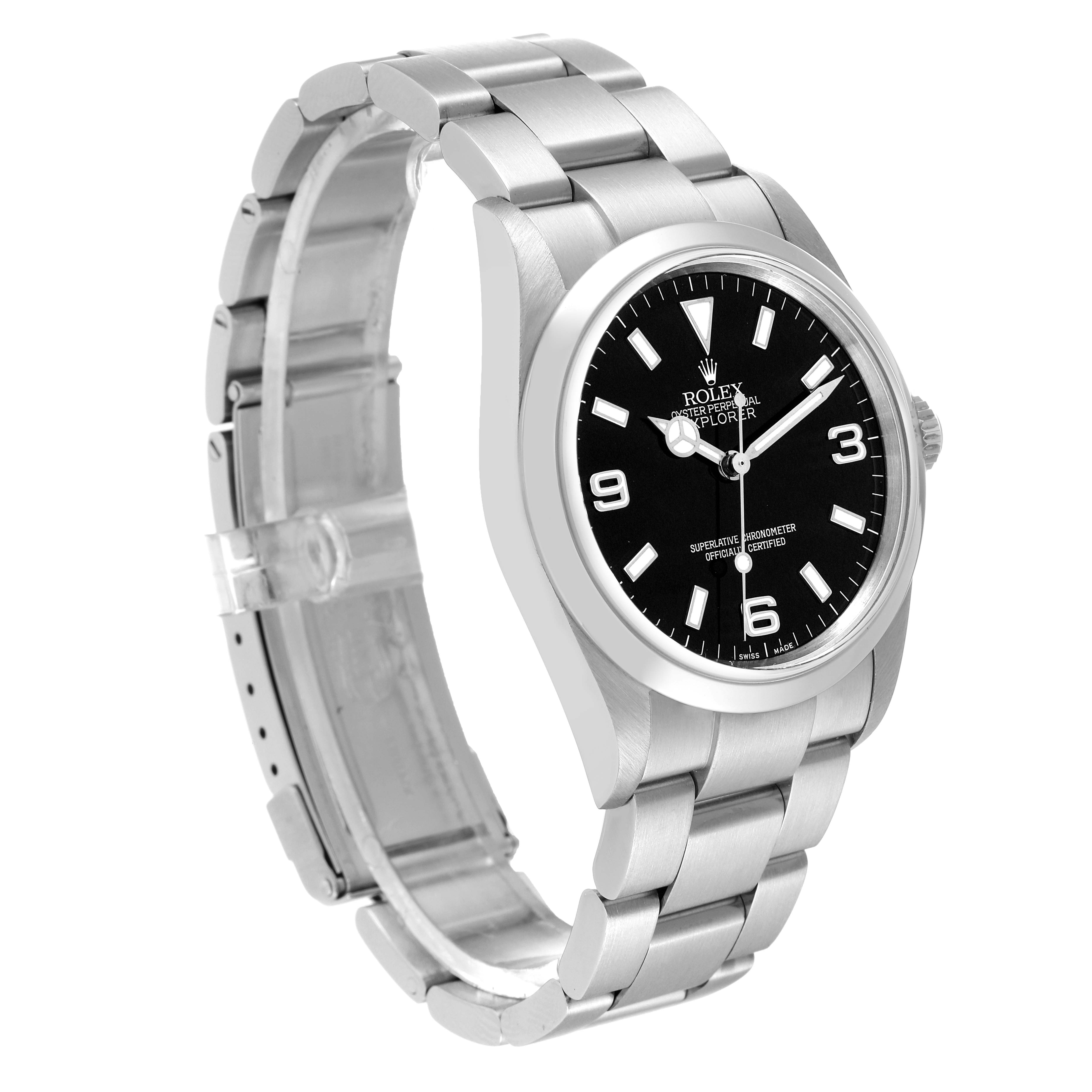 The Rolex Explorer 114270 Men
s Stainless Steel Black Dial 114270 Men
s Stainless Steel Black Dial watch is shown at an angled side view, highlighting the bracelet and black dial.