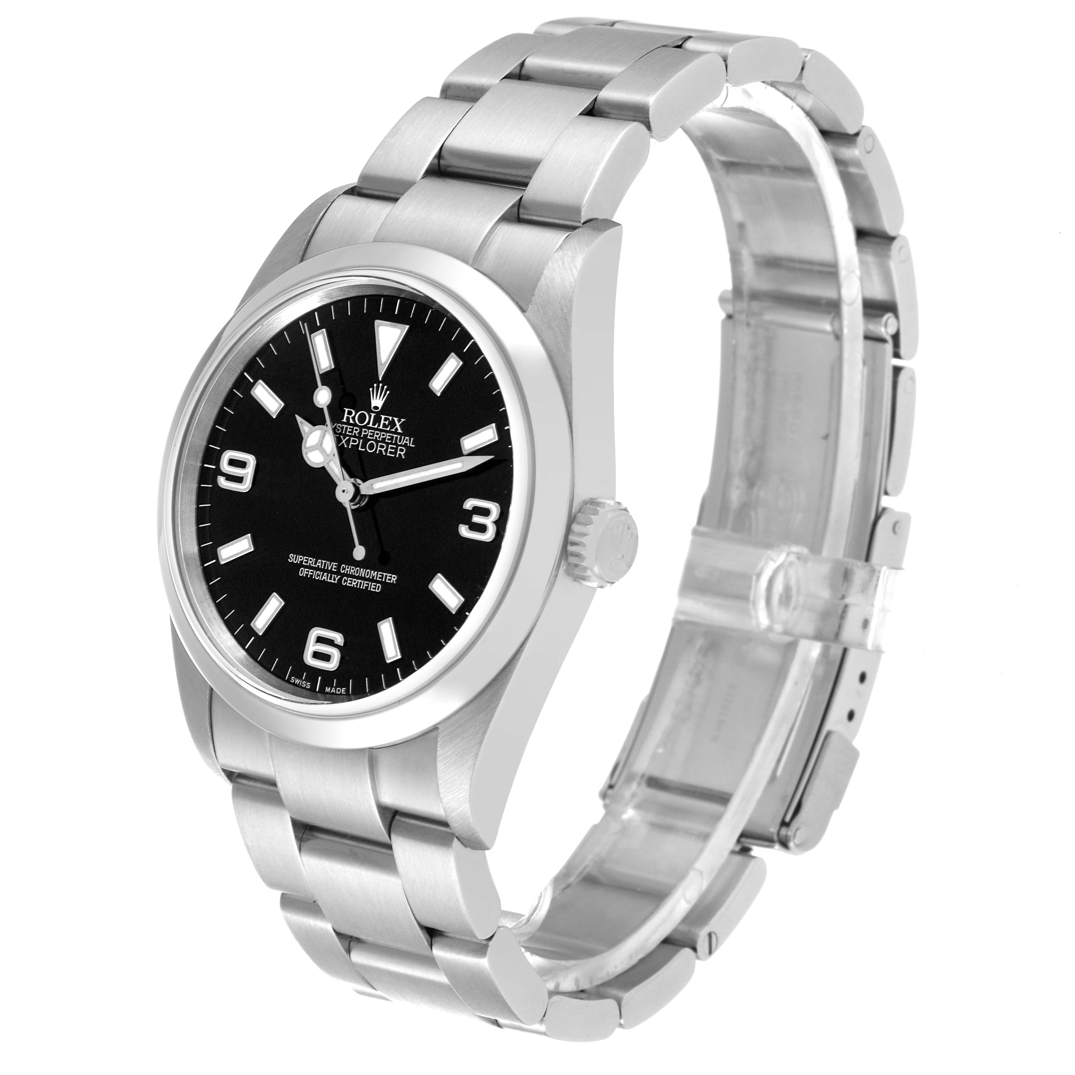 The image displays a side angle of the Rolex Explorer 114270 Men
s Stainless Steel Black Dial 114270 Men
s Stainless Steel Black Dial watch, highlighting its black dial, bezel, and stainless steel bracelet.