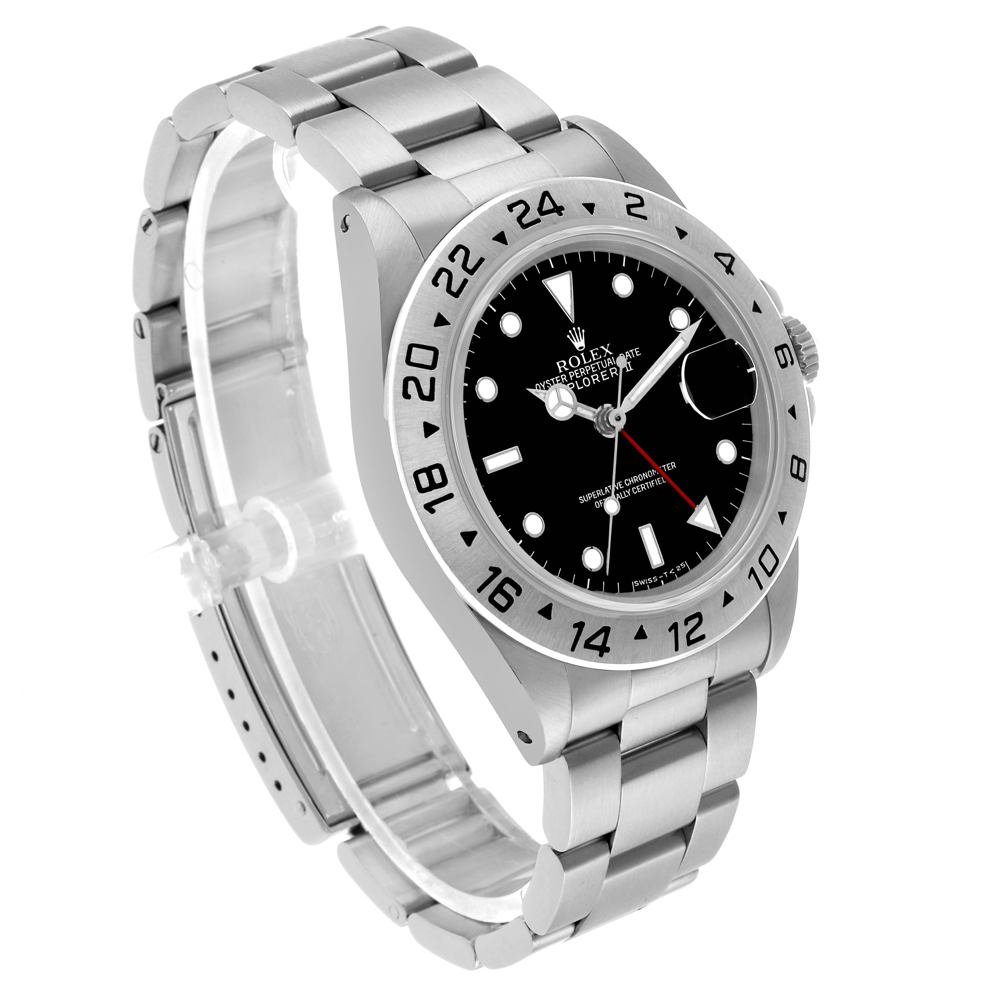 The Rolex Explorer 16570 Men's Stainless Steel Black Dial watch is shown at a three-quarter angle, displaying the dial, bezel, bracelet, and crown.