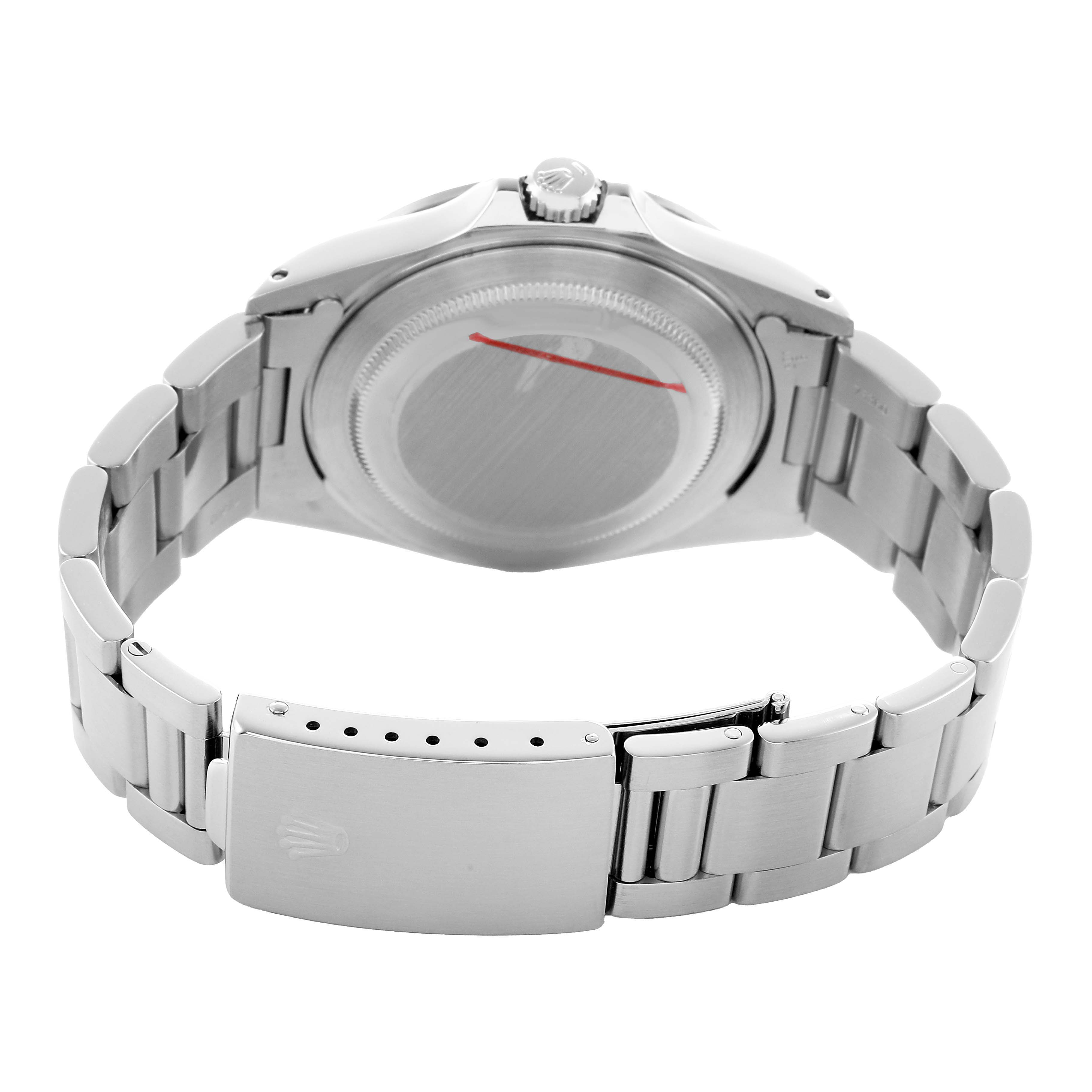 The Rolex Explorer 16570 Men's Stainless Steel Black Dial watch is shown from the back, displaying the case back, bracelet, and clasp.