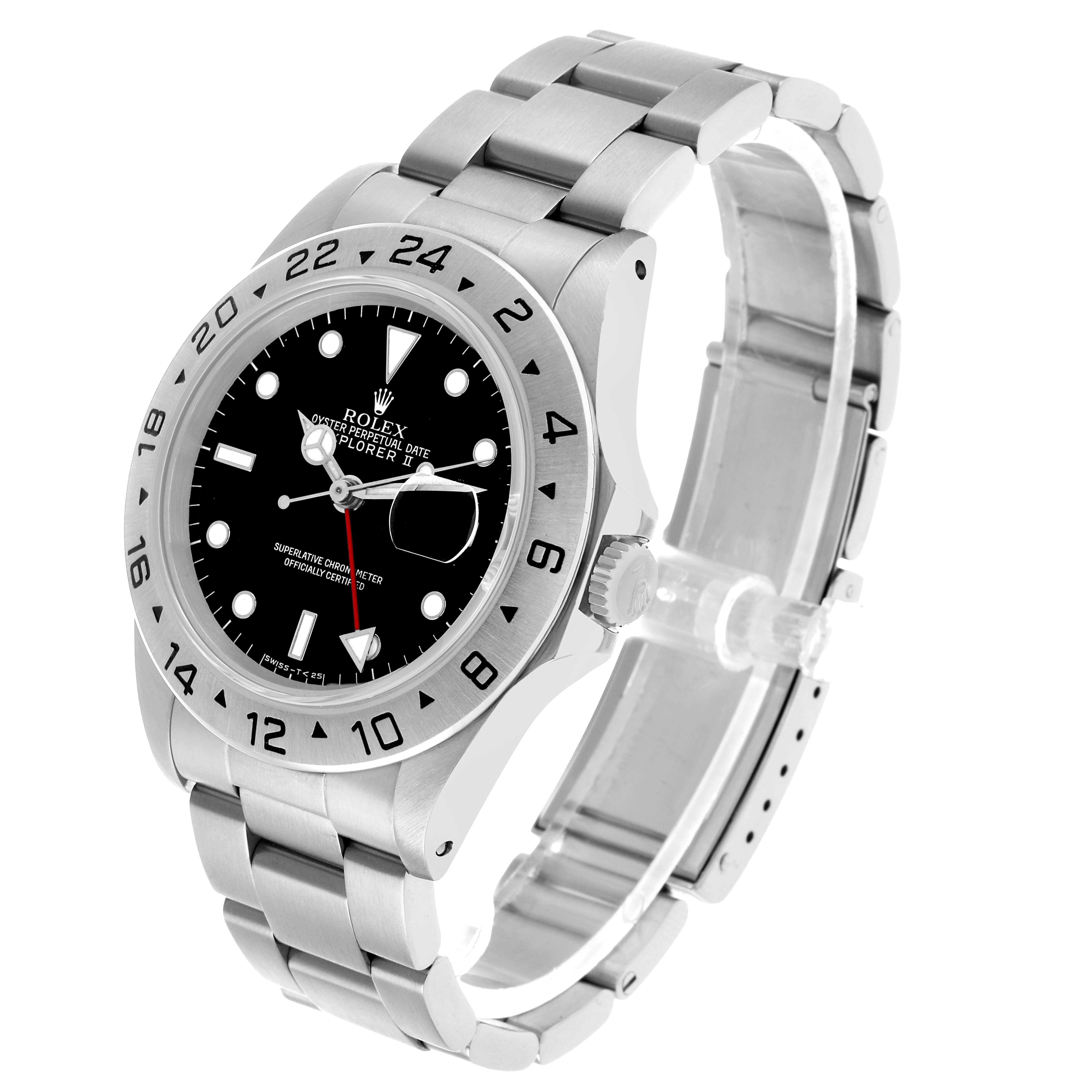 The Rolex Explorer 16570 Men's Stainless Steel Black Dial model is shown at a three-quarter angle, highlighting the bezel, dial, bracelet, and crown.