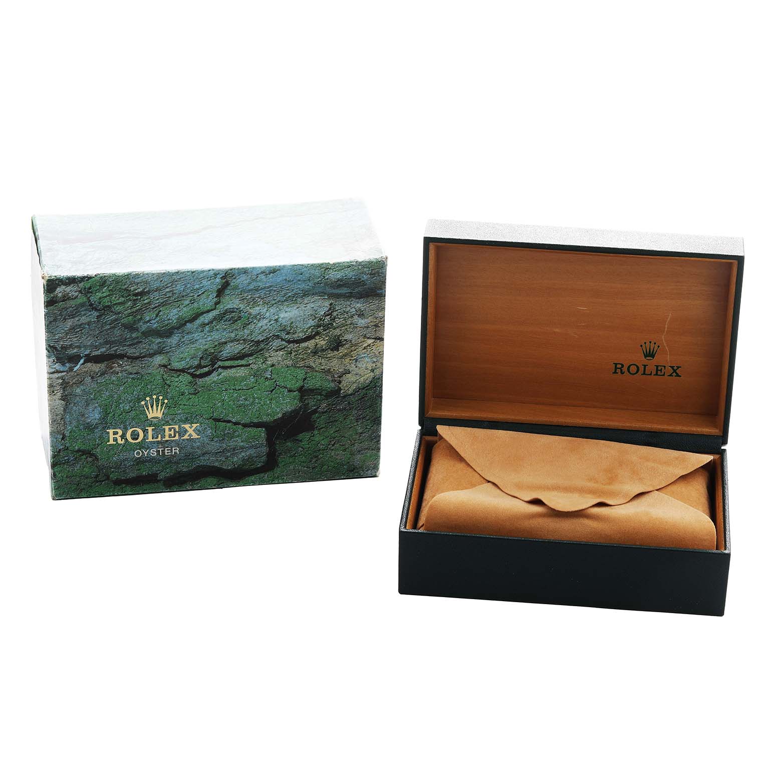 The image shows the box and packaging for a Rolex Explorer 16570 Men's Stainless Steel Black Dial watch, featuring a closed display box and an outer box.