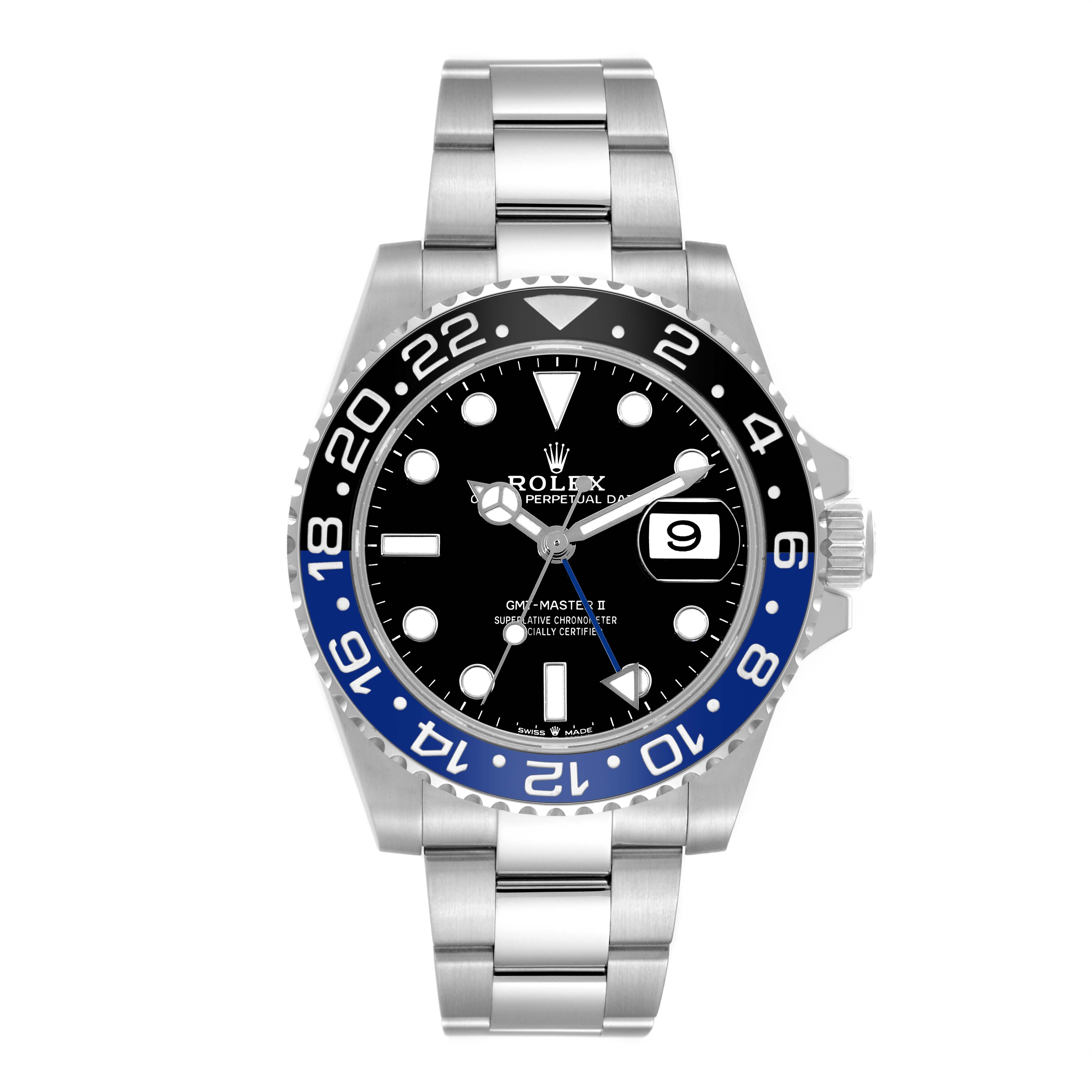 This image shows a front view of a Rolex GMT-Master 126710 Men's Stainless Steel Black Dial 126710 Men's Stainless Steel Black Dial II watch, featuring a black and blue bezel, and a stainless steel bracelet.