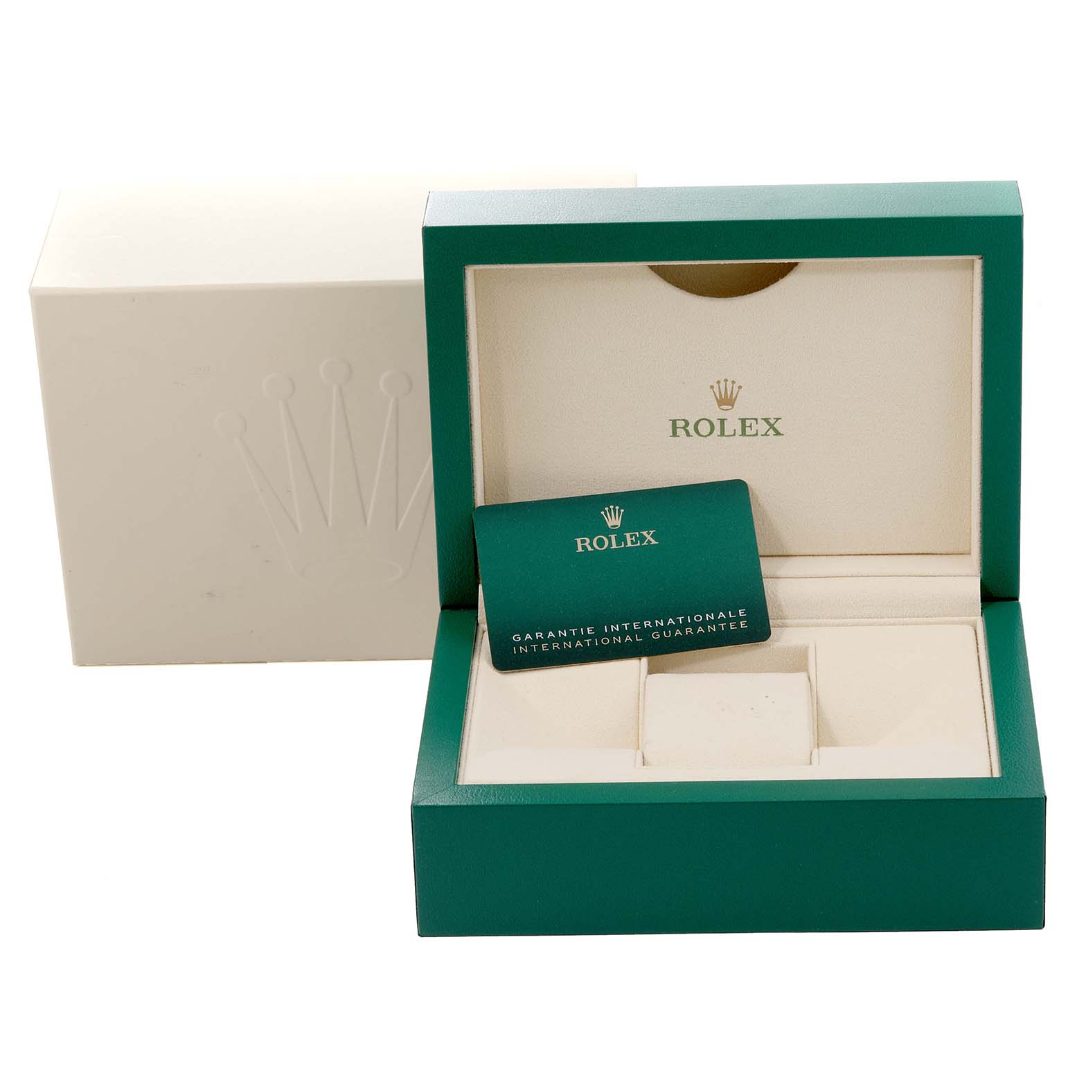 The image shows a green Rolex GMT-Master 126710 Men's Stainless Steel Black Dial 126710 Men's Stainless Steel Black Dial box and international guarantee card, with a white outer box in the background.