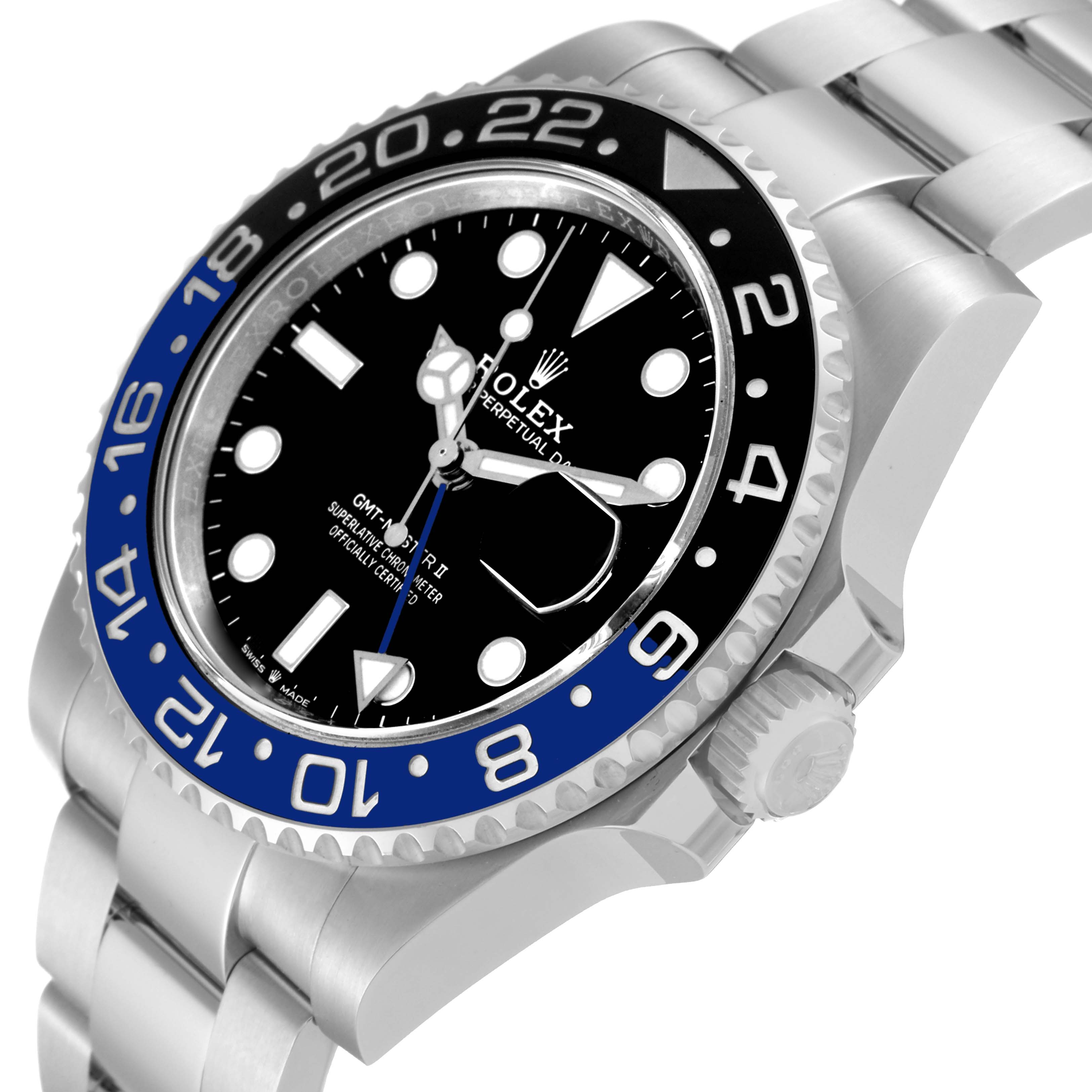 The image shows a close-up angled view of a Rolex GMT-Master 126710 Men's Stainless Steel Black Dial 126710 Men's Stainless Steel Black Dial watch, displaying the bezel, dial, and part of the bracelet.