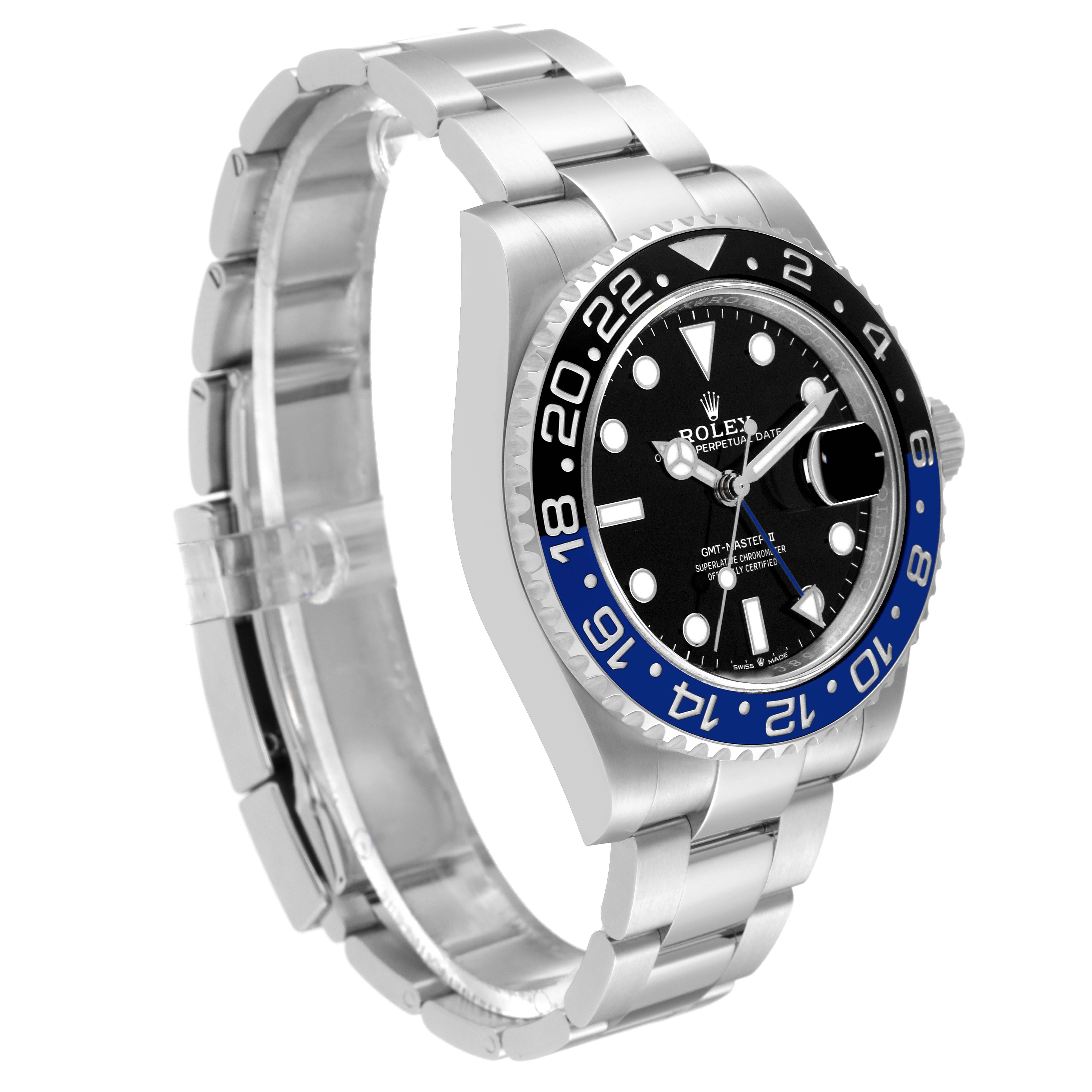 The image shows a Rolex GMT-Master 126710 Men's Stainless Steel Black Dial 126710 Men's Stainless Steel Black Dial watch at an oblique angle, highlighting the bezel, dial, and bracelet.
