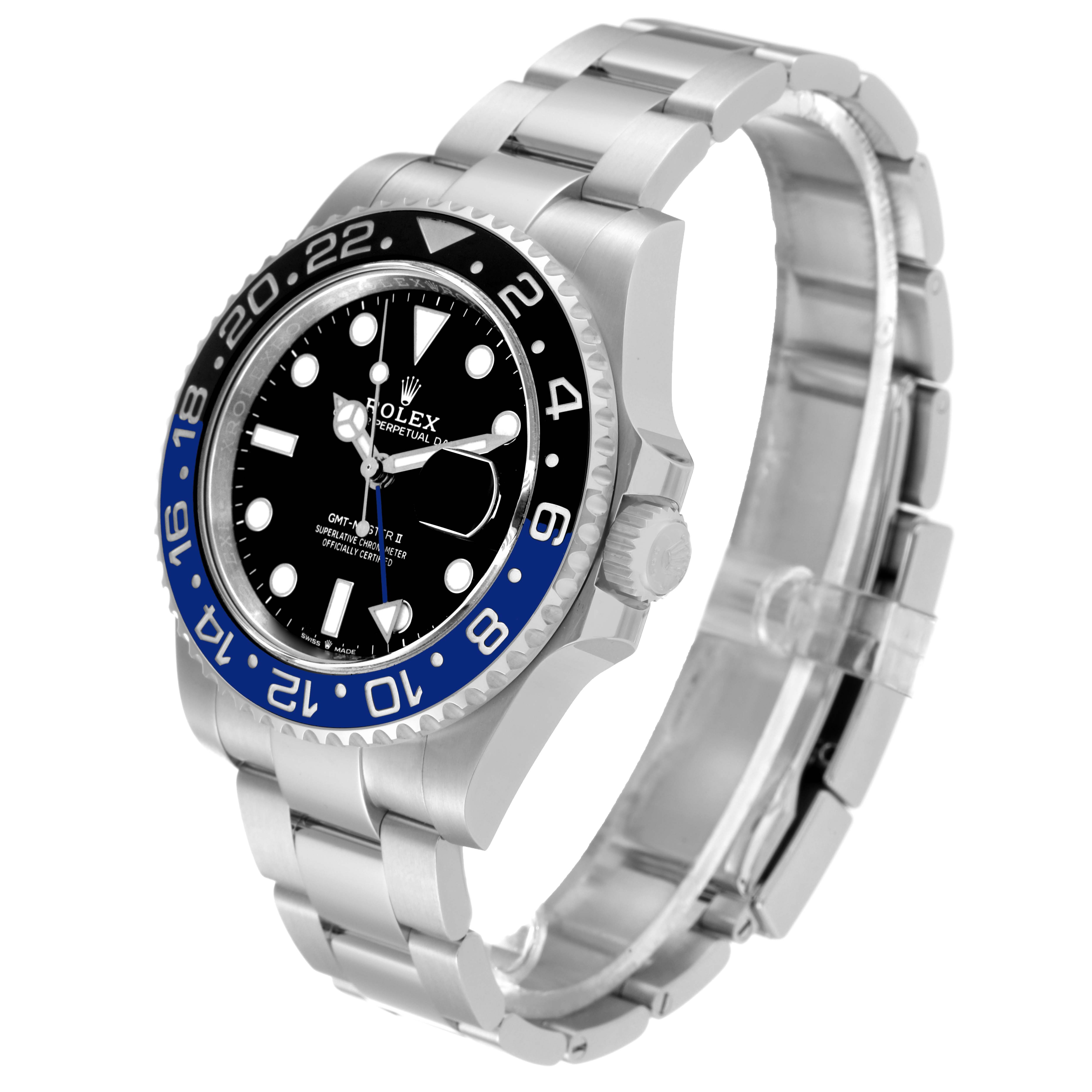 The image shows a side and front angle of a Rolex GMT-Master 126710 Men's Stainless Steel Black Dial 126710 Men's Stainless Steel Black Dial watch, highlighting its bezel, dial, and bracelet.